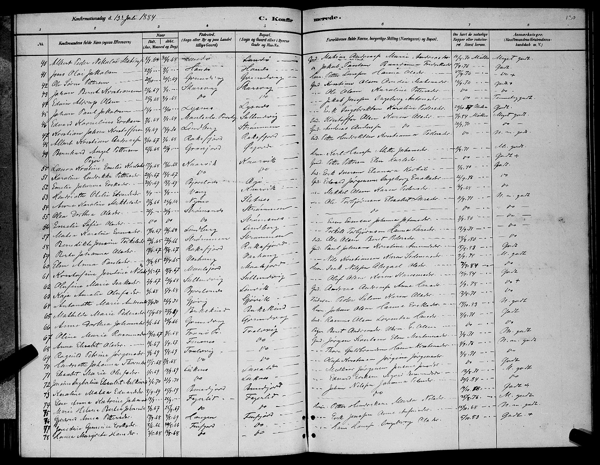 Lenvik sokneprestembete, SATØ/S-1310/H/Ha/Hab/L0006klokker: Parish register (copy) no. 6, 1881-1889, p. 130