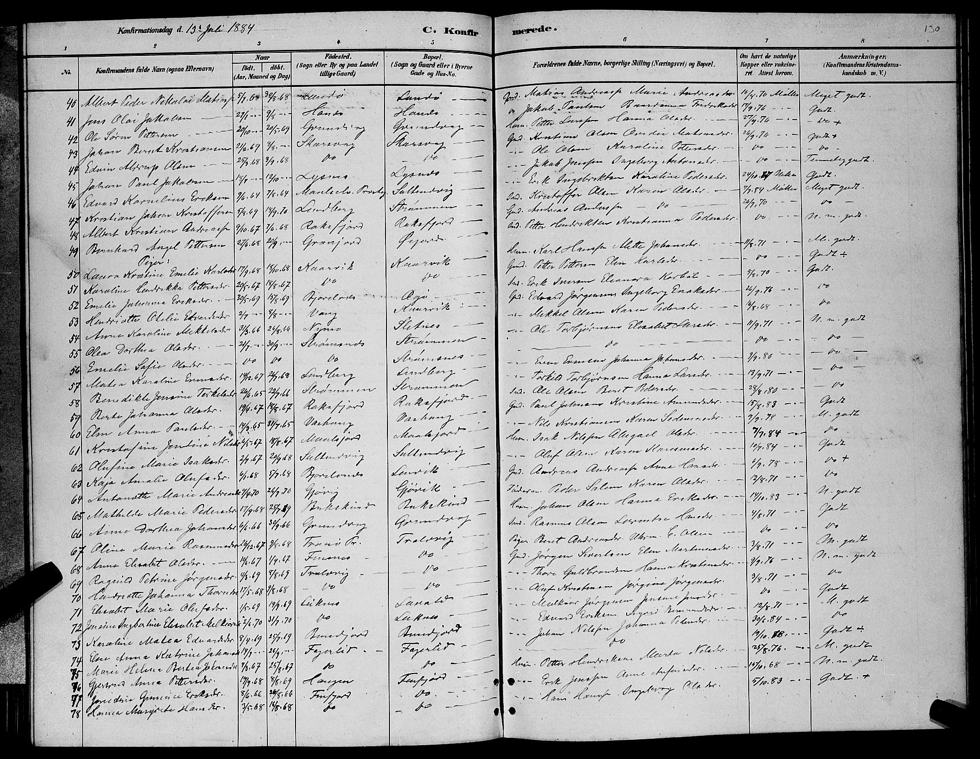 Lenvik sokneprestembete, AV/SATØ-S-1310/H/Ha/Hab/L0006klokker: Parish register (copy) no. 6, 1881-1889, p. 130
