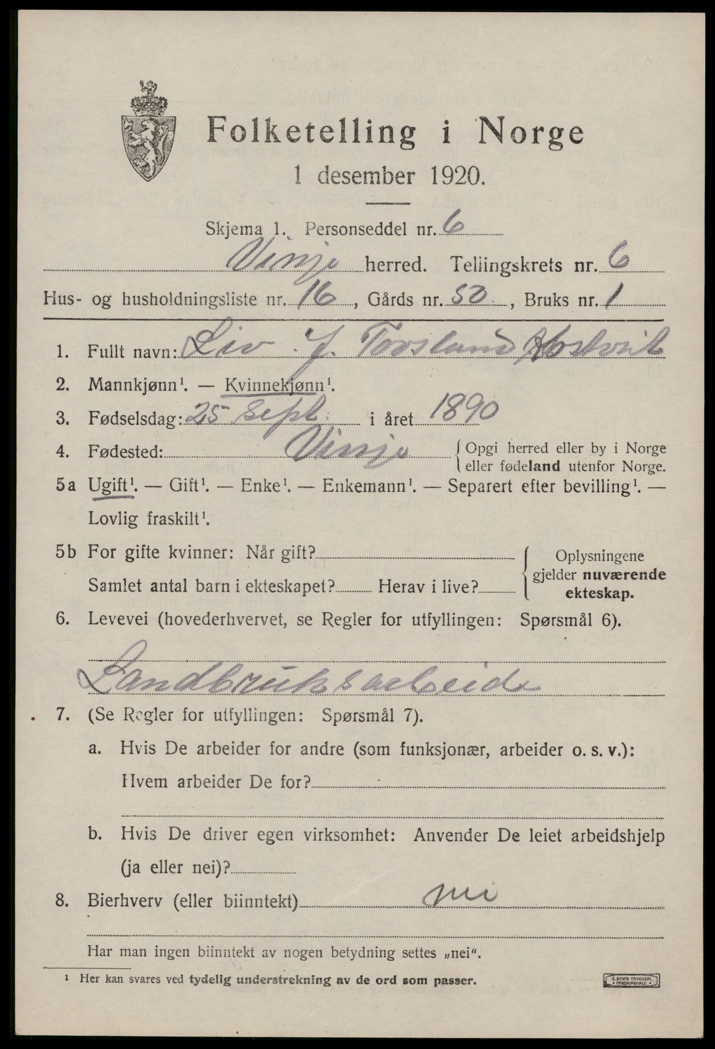 SAKO, 1920 census for Vinje, 1920, p. 1963