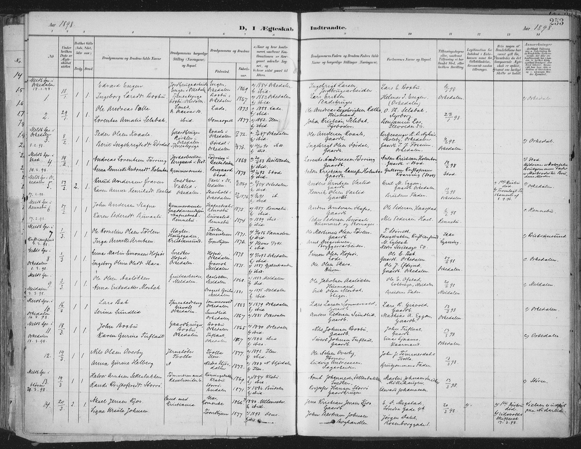 Ministerialprotokoller, klokkerbøker og fødselsregistre - Sør-Trøndelag, SAT/A-1456/603/L0167: Parish register (official) no. 603A06, 1896-1932, p. 253