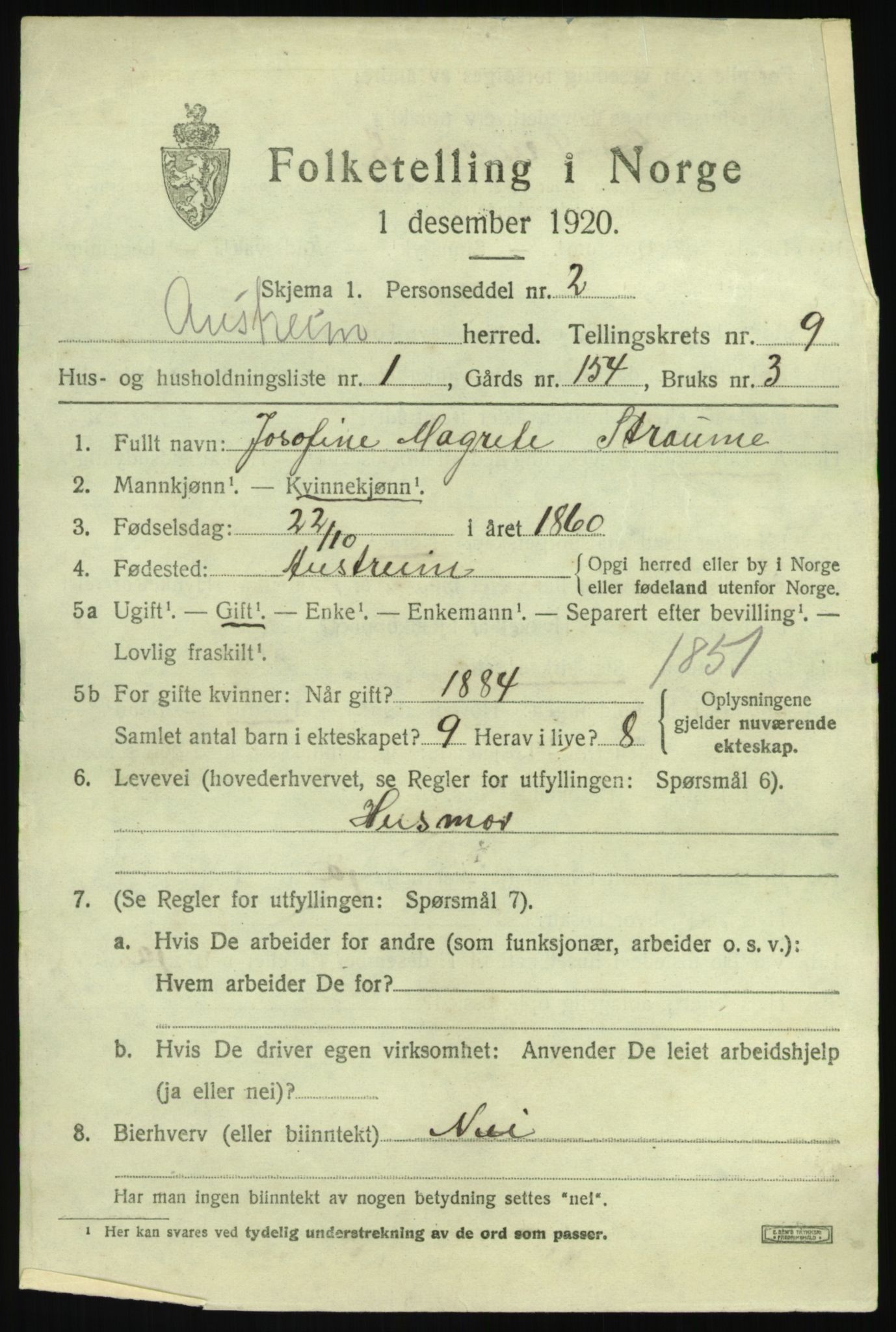 SAB, 1920 census for Austrheim, 1920, p. 3198