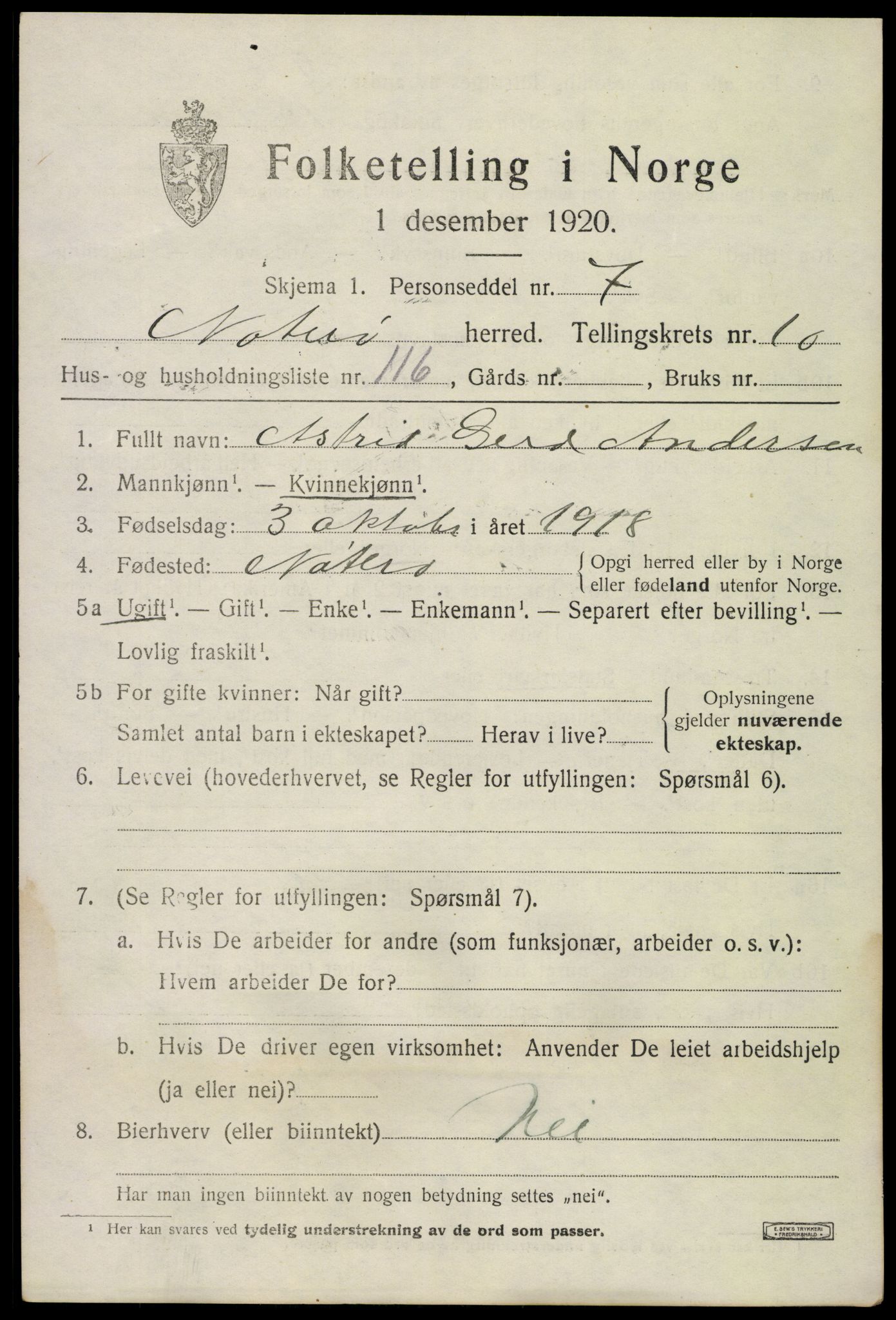 SAKO, 1920 census for Nøtterøy, 1920, p. 13553
