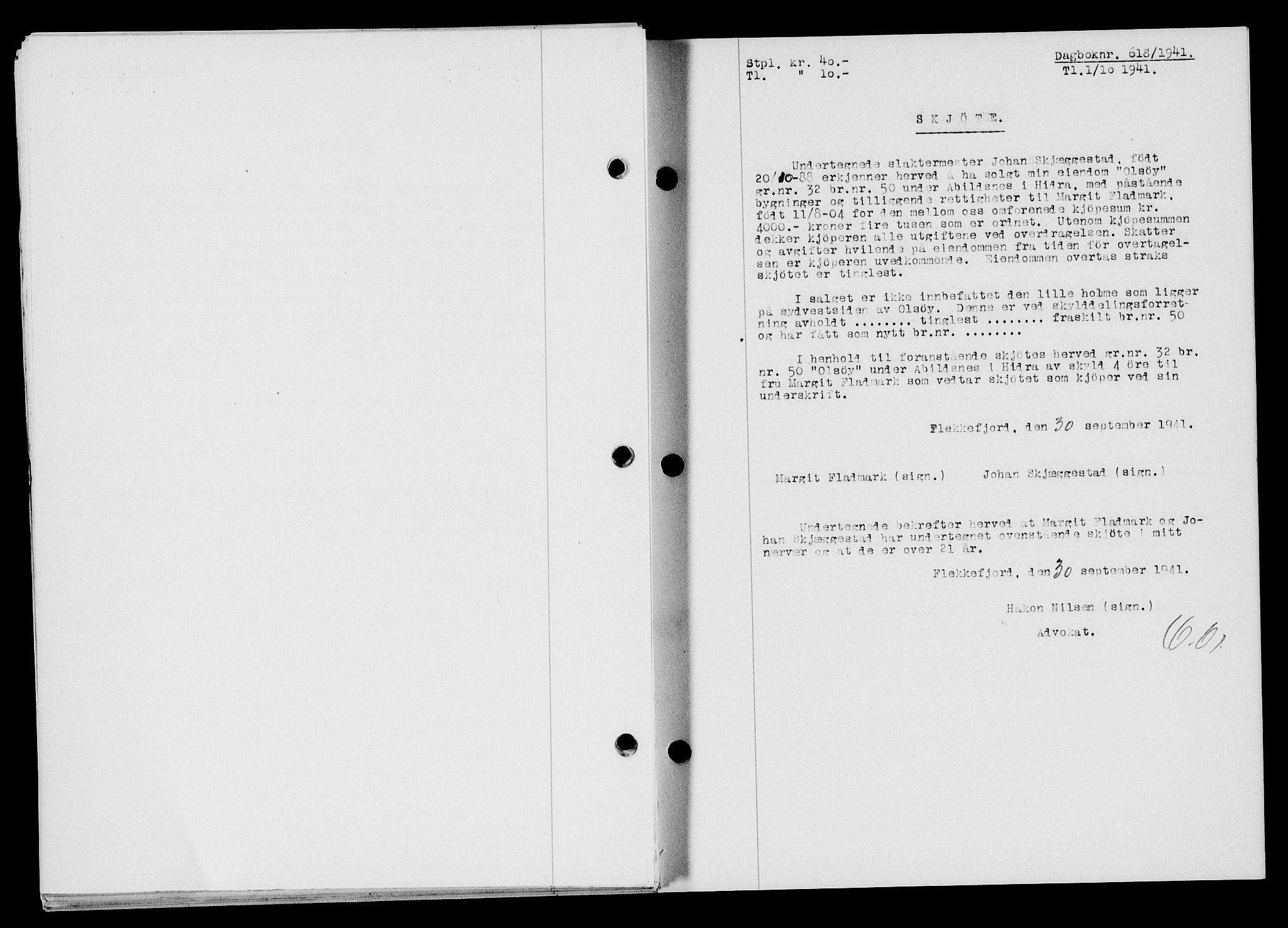 Flekkefjord sorenskriveri, SAK/1221-0001/G/Gb/Gba/L0057: Mortgage book no. A-5, 1941-1942, Diary no: : 618/1941