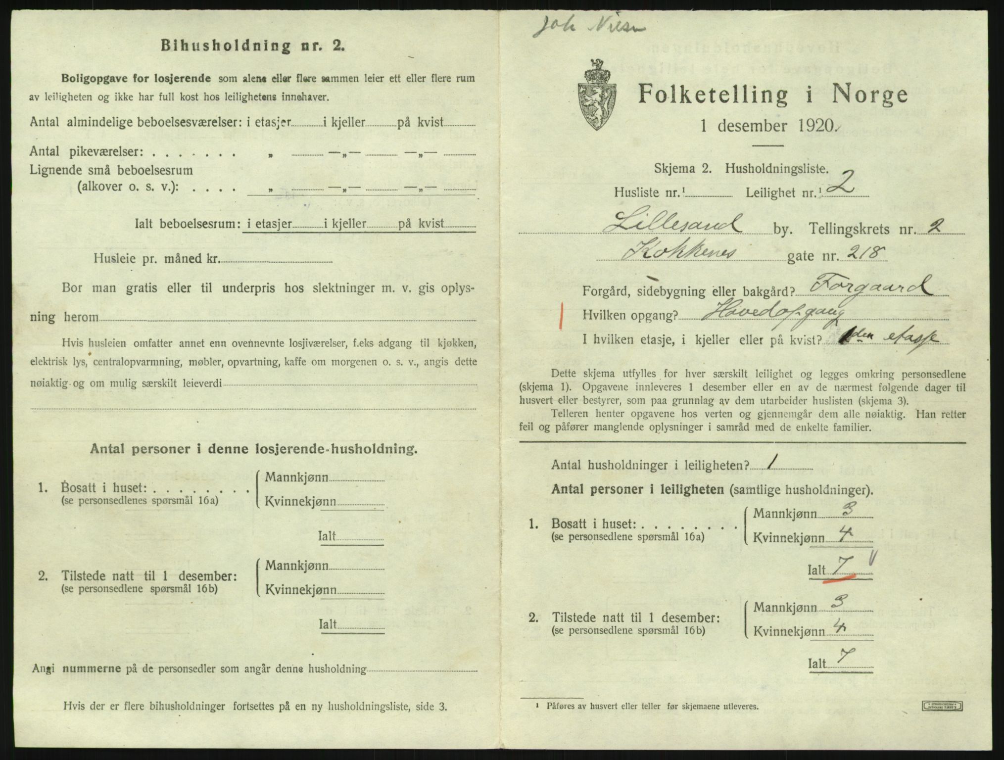 SAK, 1920 census for Lillesand, 1920, p. 1097