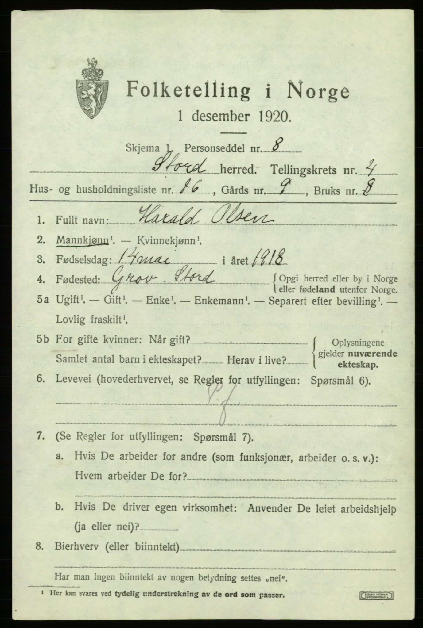 SAB, 1920 census for Stord, 1920, p. 2111