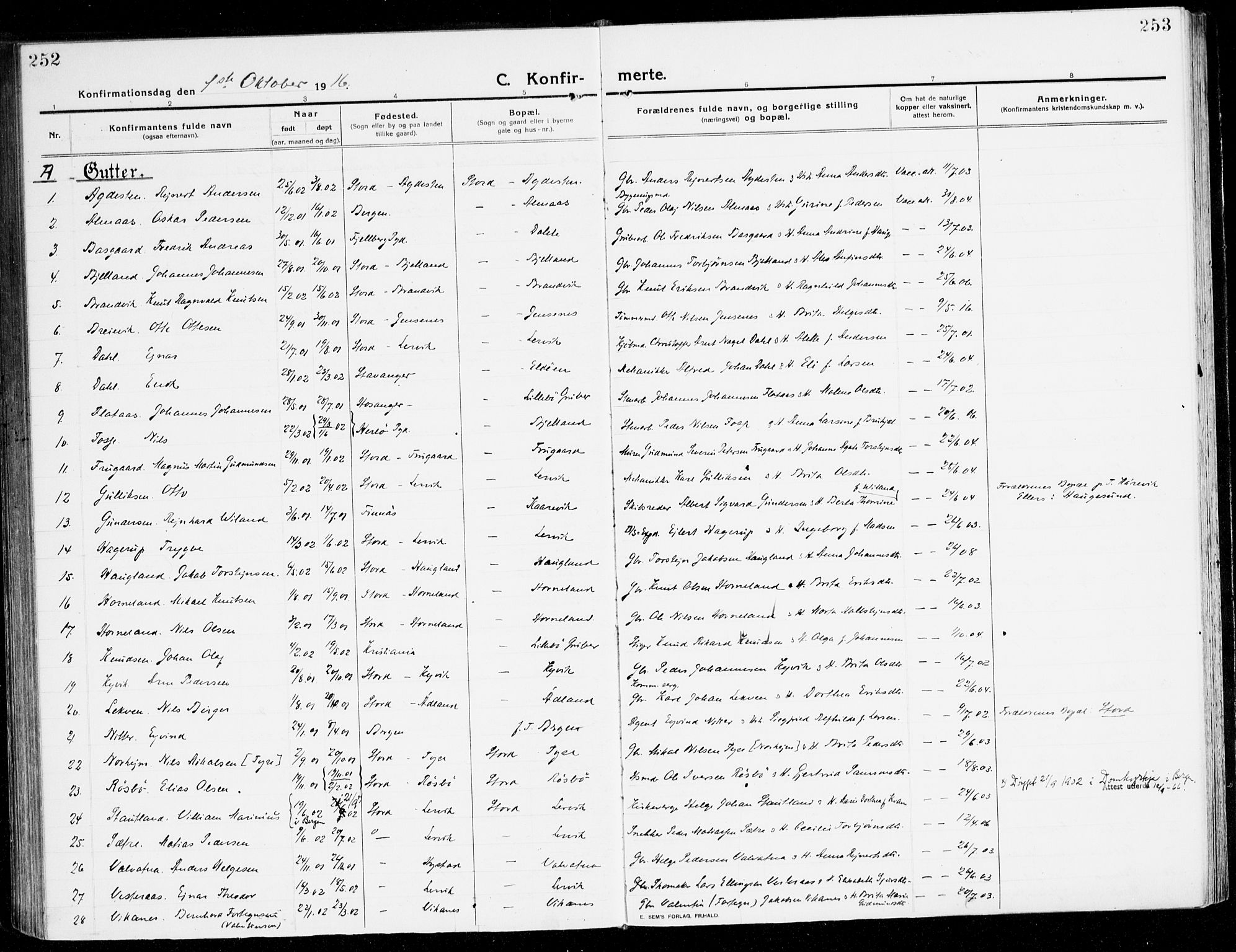 Stord sokneprestembete, SAB/A-78201/H/Haa: Parish register (official) no. B 3, 1913-1925, p. 252-253