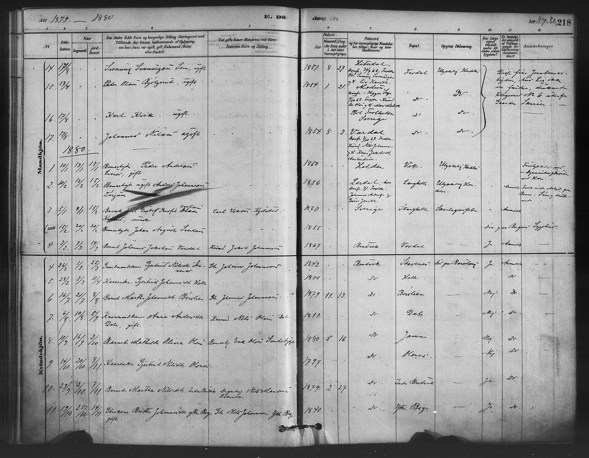 Bruvik Sokneprestembete, AV/SAB-A-74701/H/Haa: Parish register (official) no. B 1, 1878-1904, p. 218