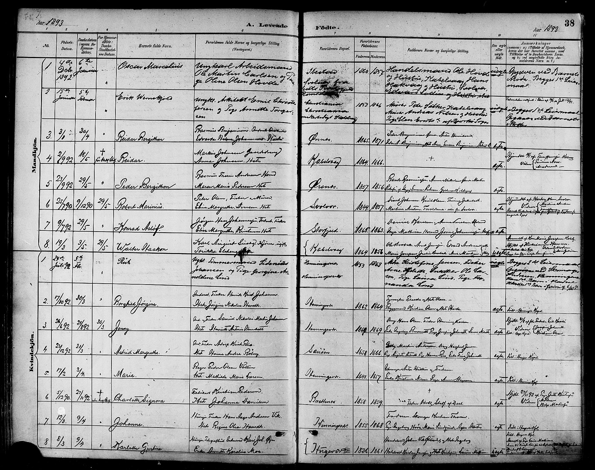 Ministerialprotokoller, klokkerbøker og fødselsregistre - Nordland, AV/SAT-A-1459/874/L1060: Parish register (official) no. 874A04, 1890-1899, p. 38