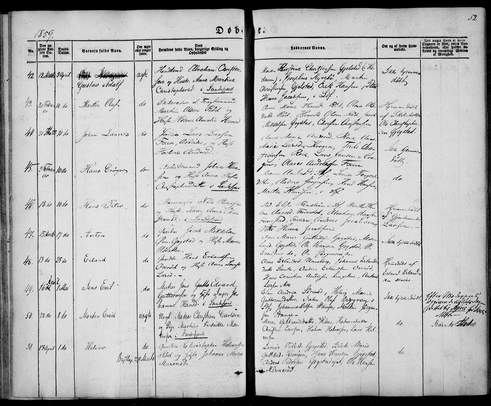 Sandar kirkebøker, SAKO/A-243/F/Fa/L0007: Parish register (official) no. 7, 1855-1861, p. 52