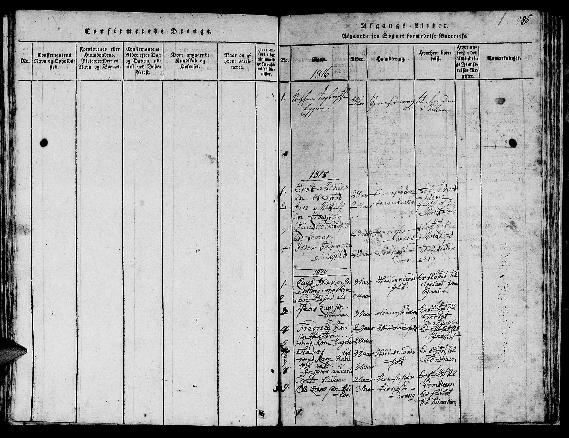 Ministerialprotokoller, klokkerbøker og fødselsregistre - Sør-Trøndelag, SAT/A-1456/613/L0393: Parish register (copy) no. 613C01, 1816-1886, p. 285