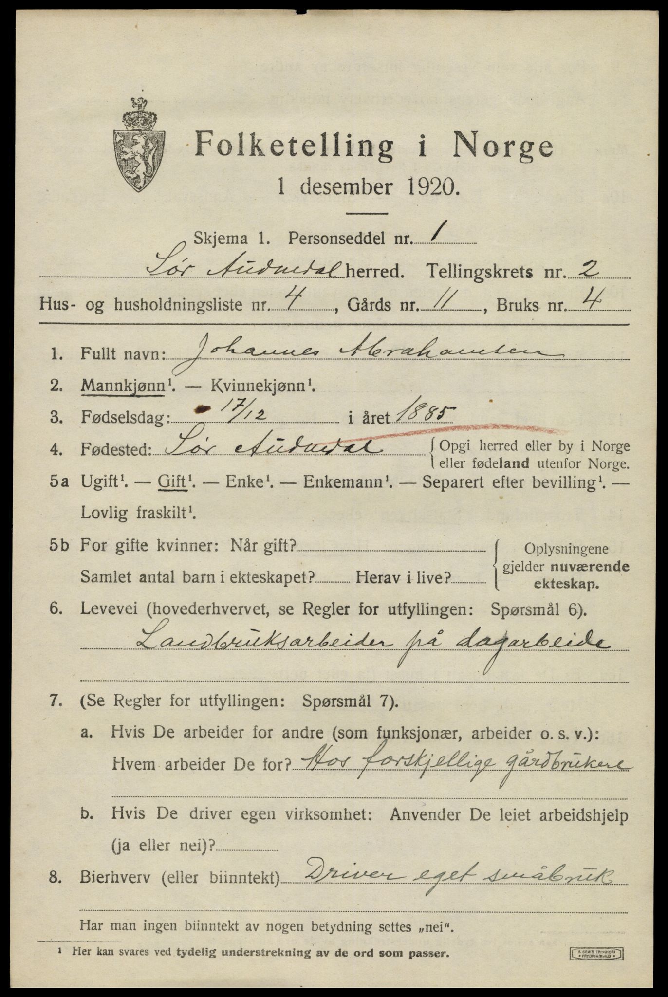 SAK, 1920 census for Sør-Audnedal, 1920, p. 1611
