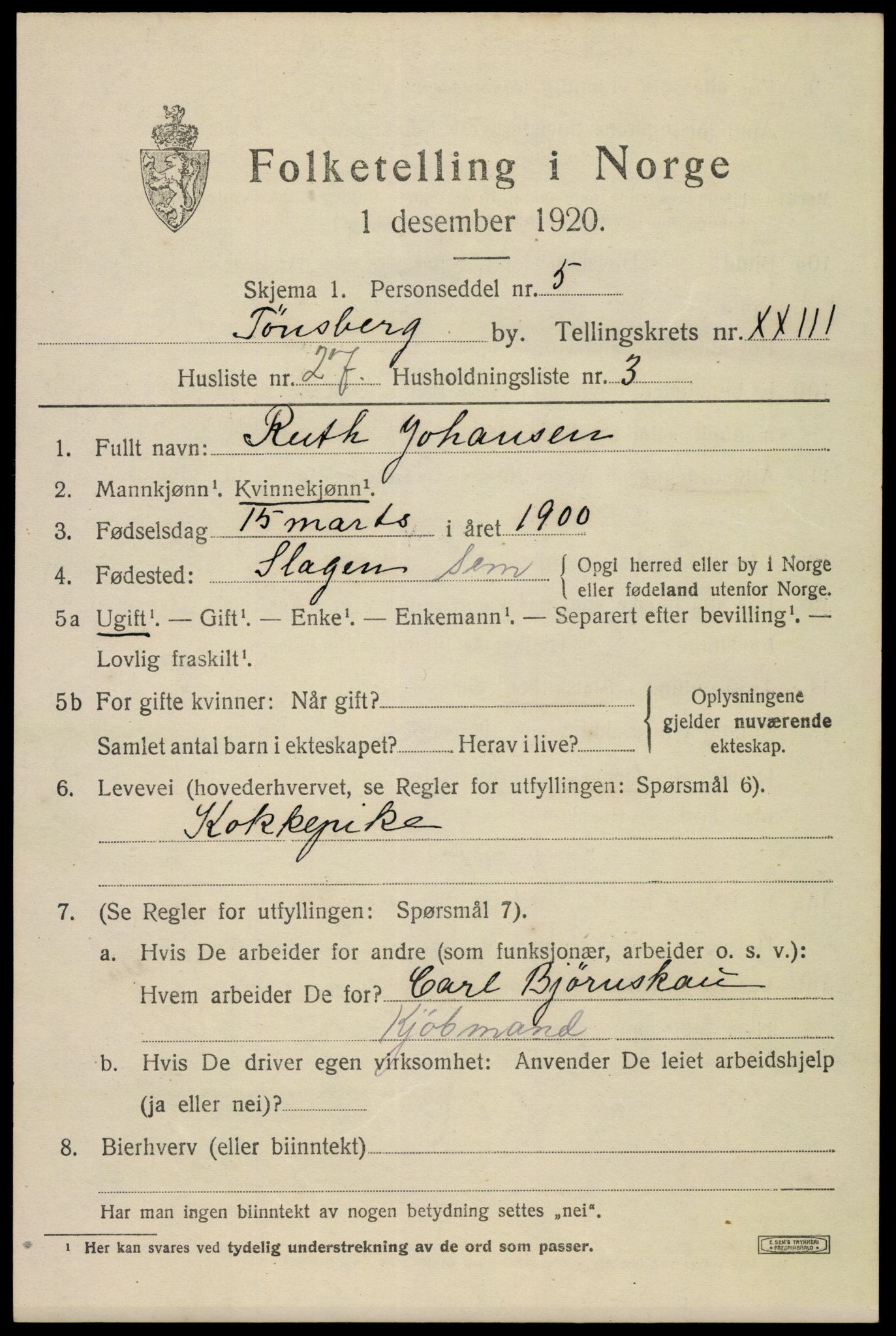 SAKO, 1920 census for Tønsberg, 1920, p. 33161