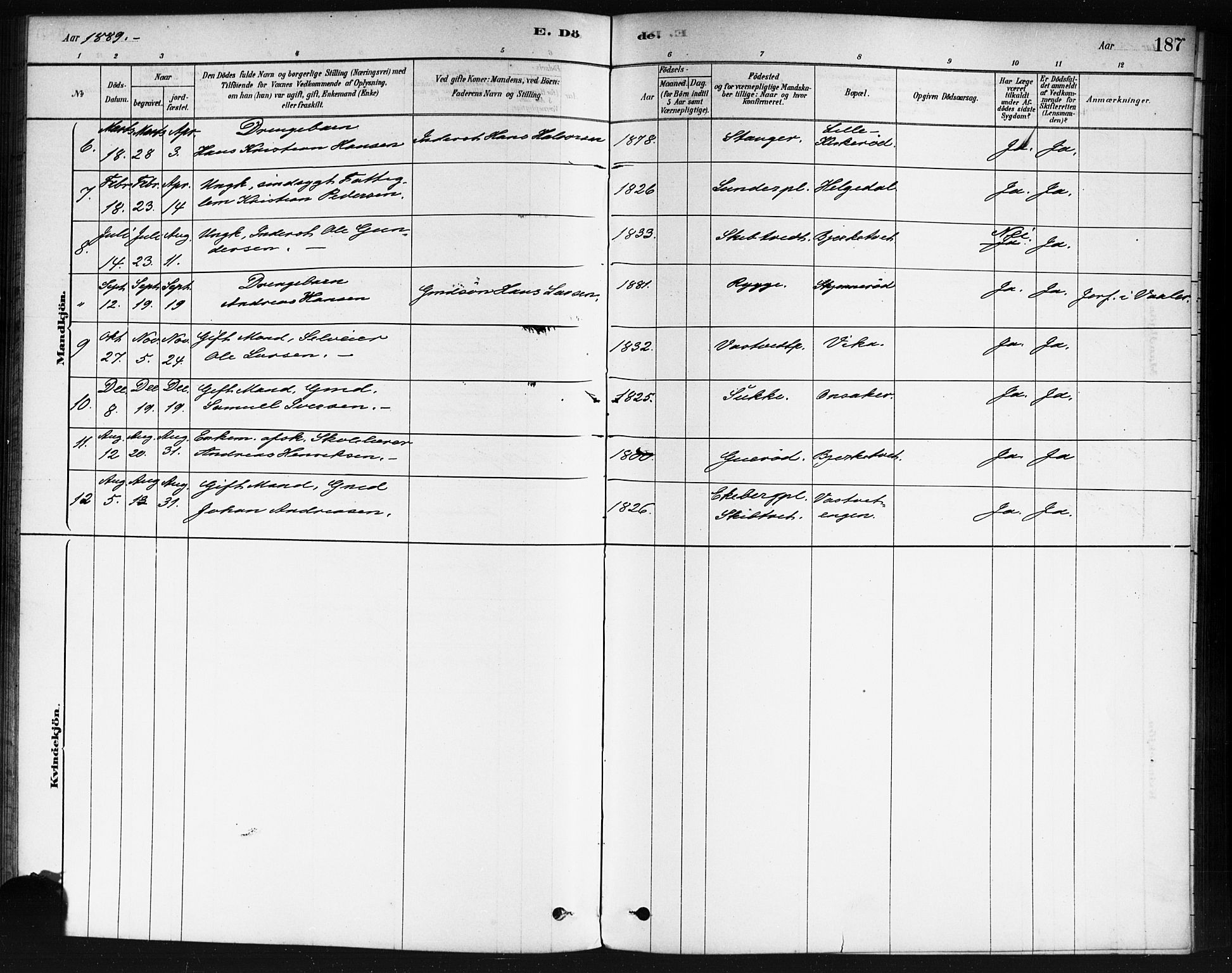 Våler prestekontor Kirkebøker, SAO/A-11083/F/Fb/L0001: Parish register (official) no. II 1, 1878-1896, p. 187