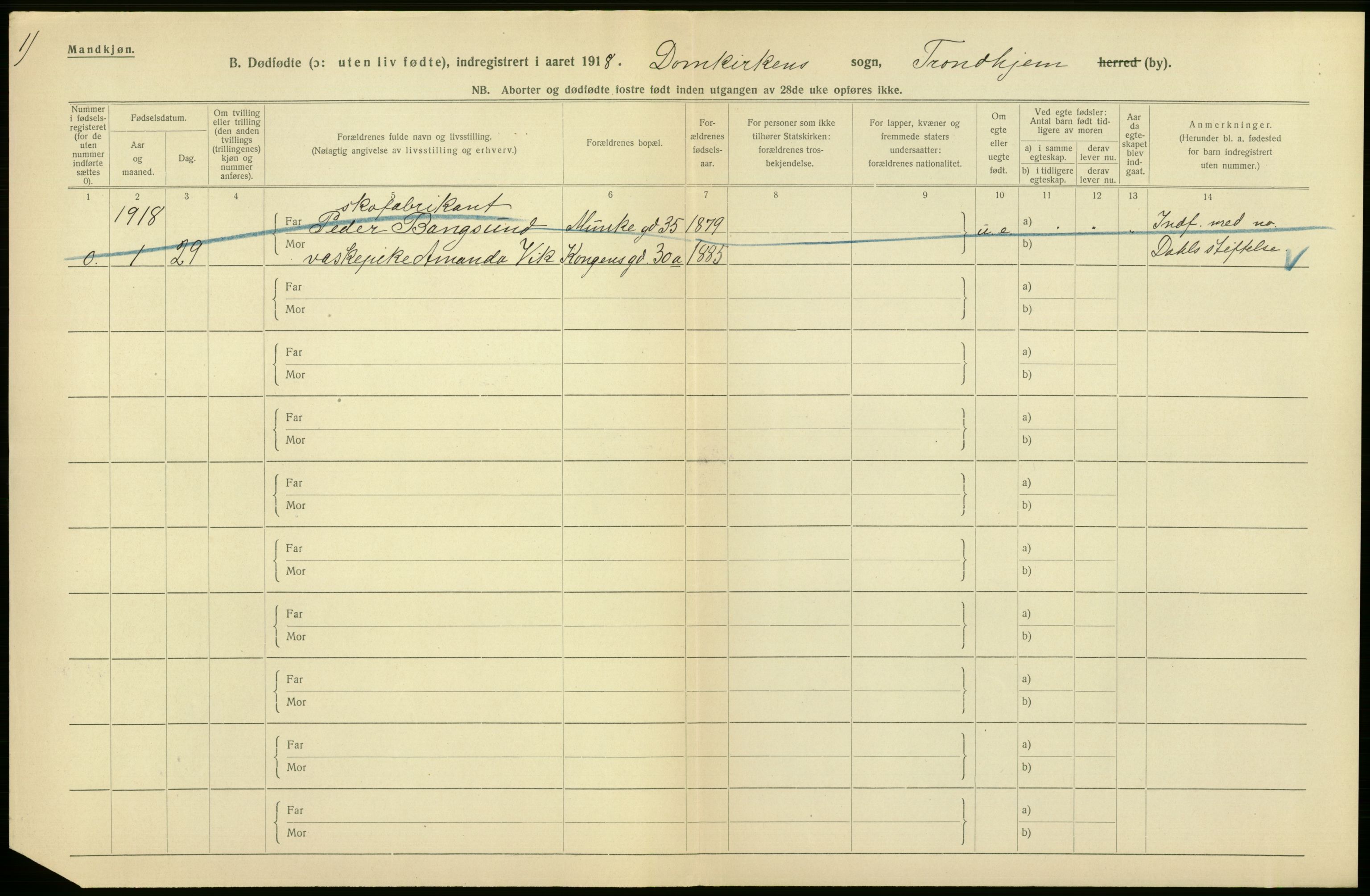 Statistisk sentralbyrå, Sosiodemografiske emner, Befolkning, AV/RA-S-2228/D/Df/Dfb/Dfbh/L0049: Trondheim: Døde, dødfødte., 1918, p. 320