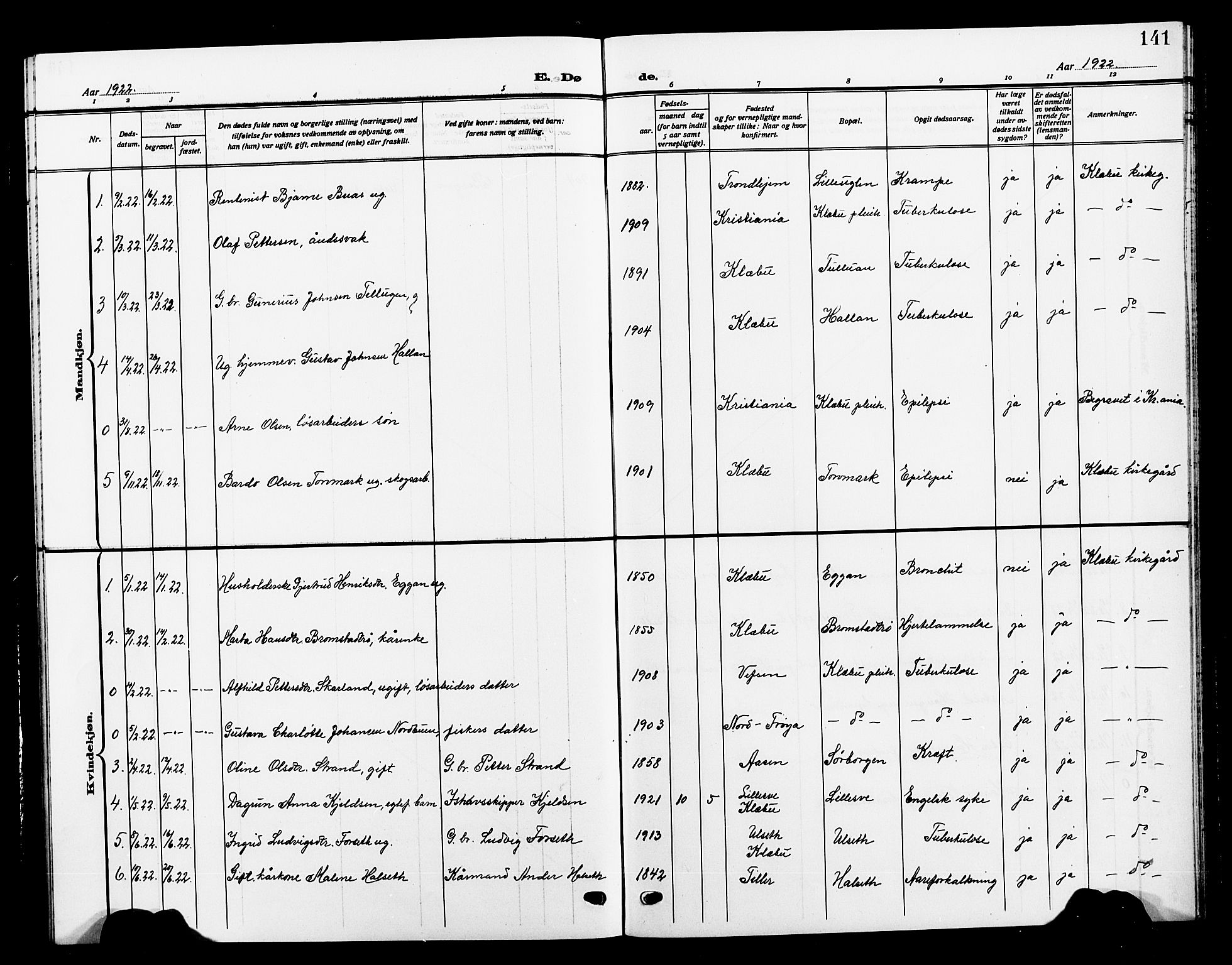 Ministerialprotokoller, klokkerbøker og fødselsregistre - Sør-Trøndelag, SAT/A-1456/618/L0453: Parish register (copy) no. 618C04, 1907-1925, p. 141
