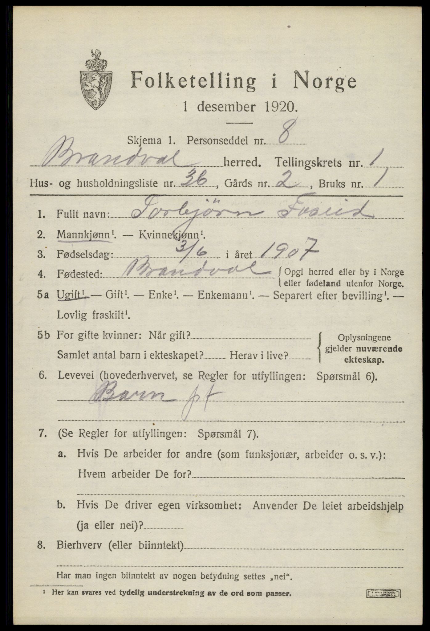 SAH, 1920 census for Brandval, 1920, p. 1992