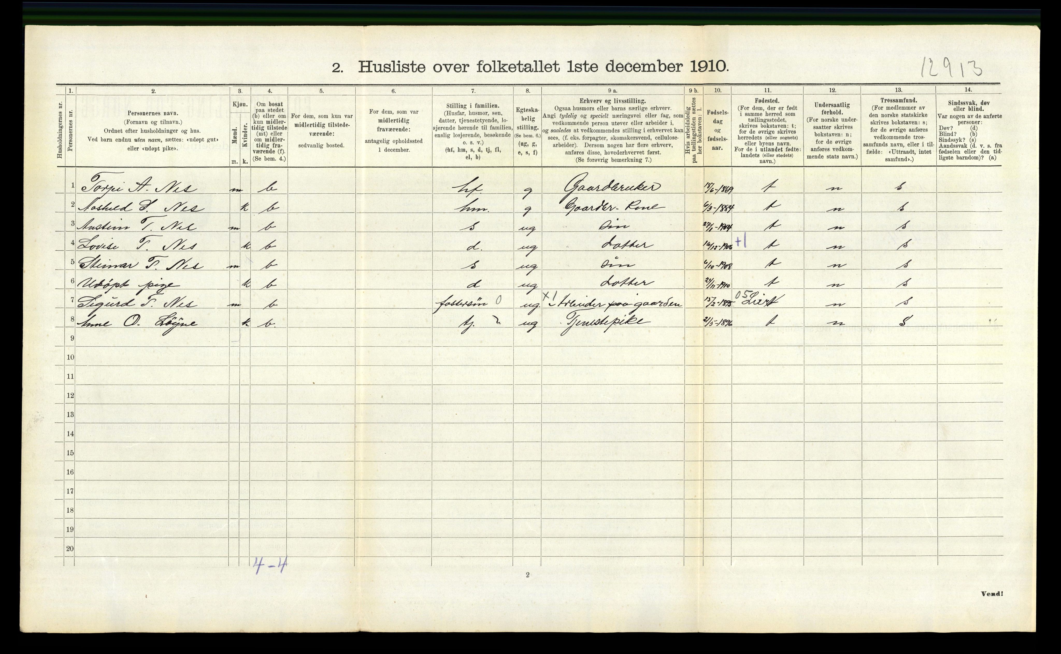 RA, 1910 census for Nissedal, 1910, p. 335