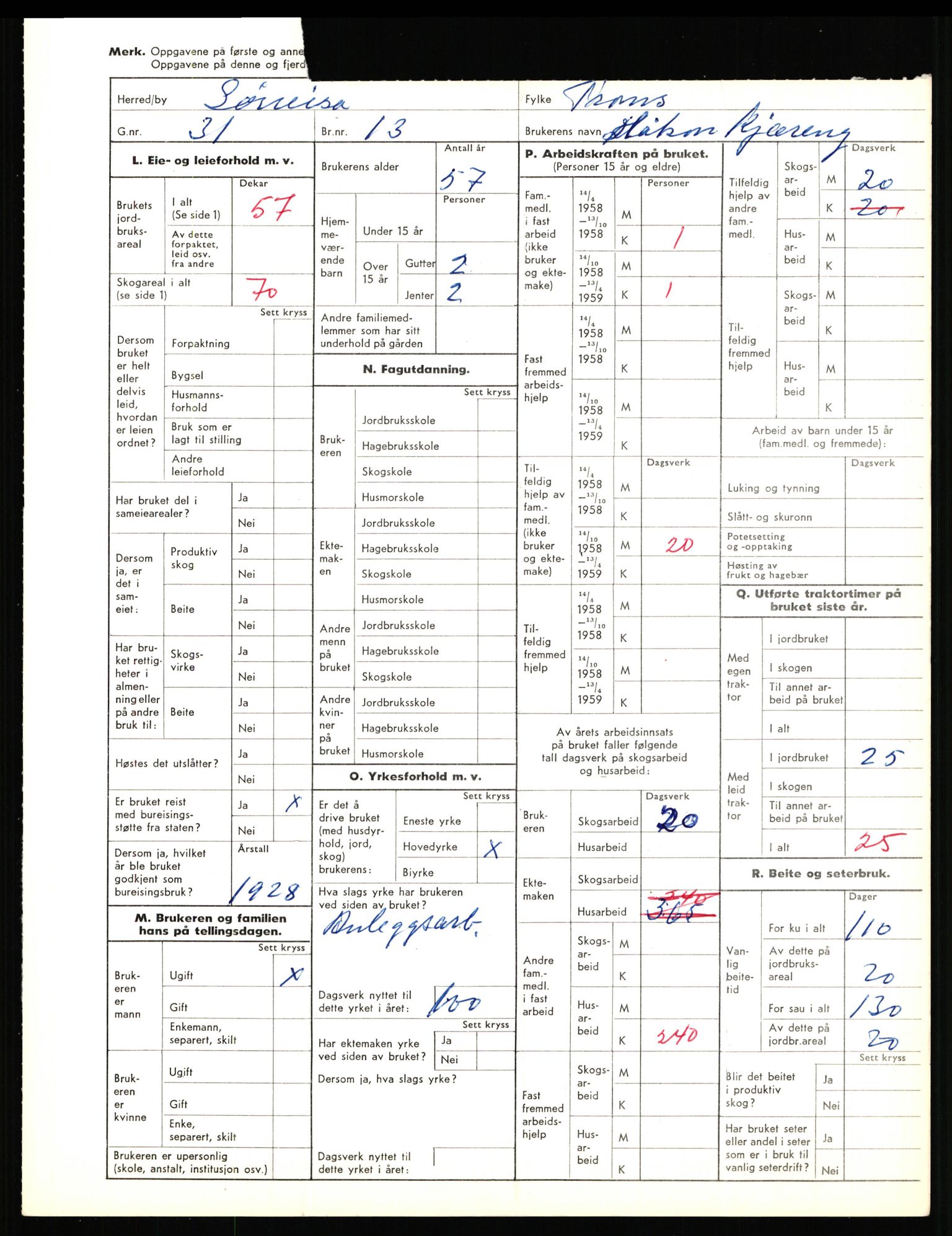 Statistisk sentralbyrå, Næringsøkonomiske emner, Jordbruk, skogbruk, jakt, fiske og fangst, AV/RA-S-2234/G/Gd/L0656: Troms: 1924 Målselv (kl. 0-3) og 1925 Sørreisa, 1959, p. 1959