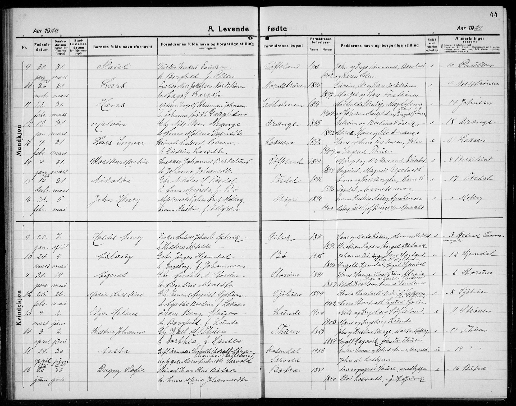 Os sokneprestembete, SAB/A-99929: Parish register (copy) no. A 5, 1923-1941, p. 44