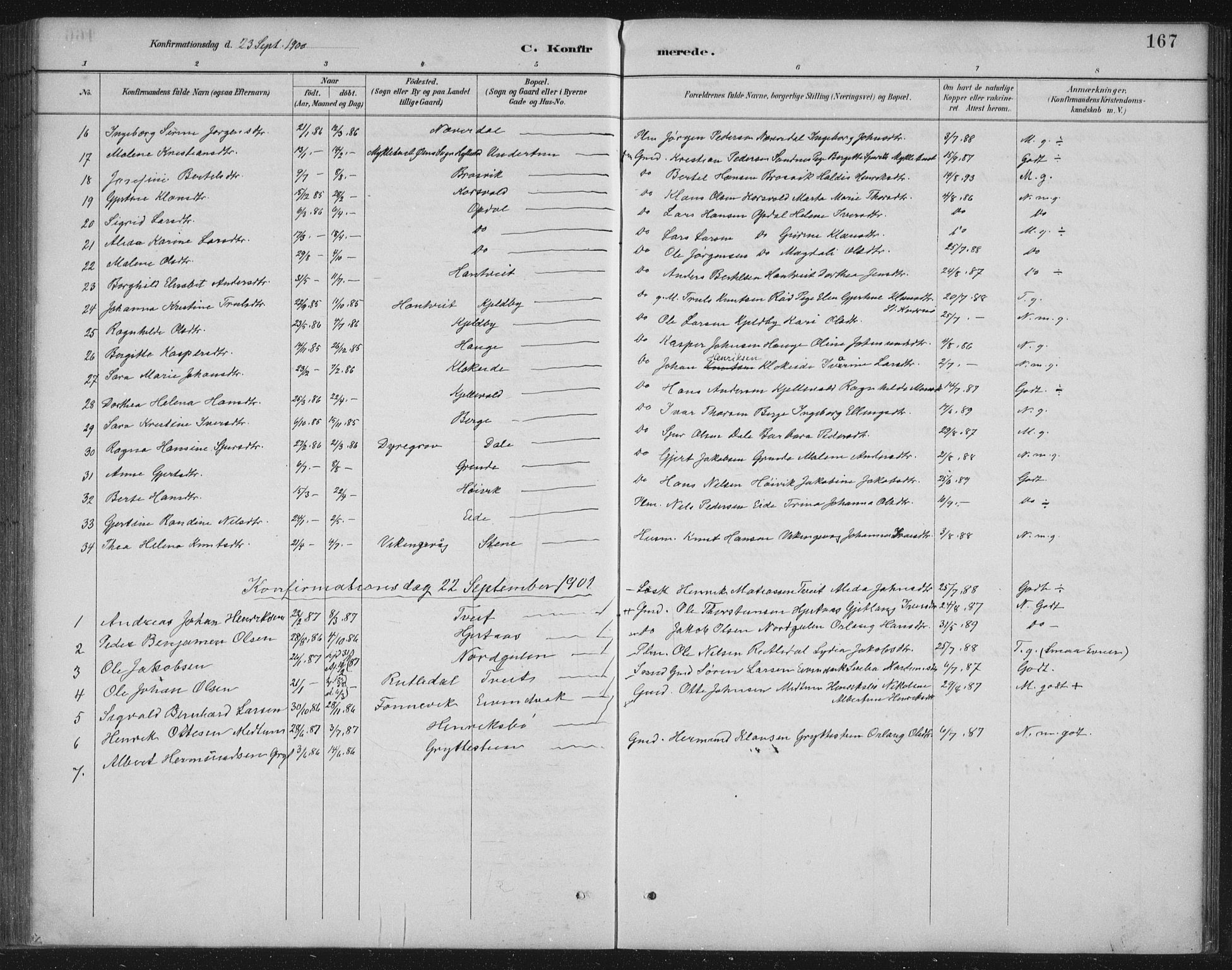 Gulen sokneprestembete, AV/SAB-A-80201/H/Hab/Habb/L0003: Parish register (copy) no. B 3, 1884-1907, p. 167