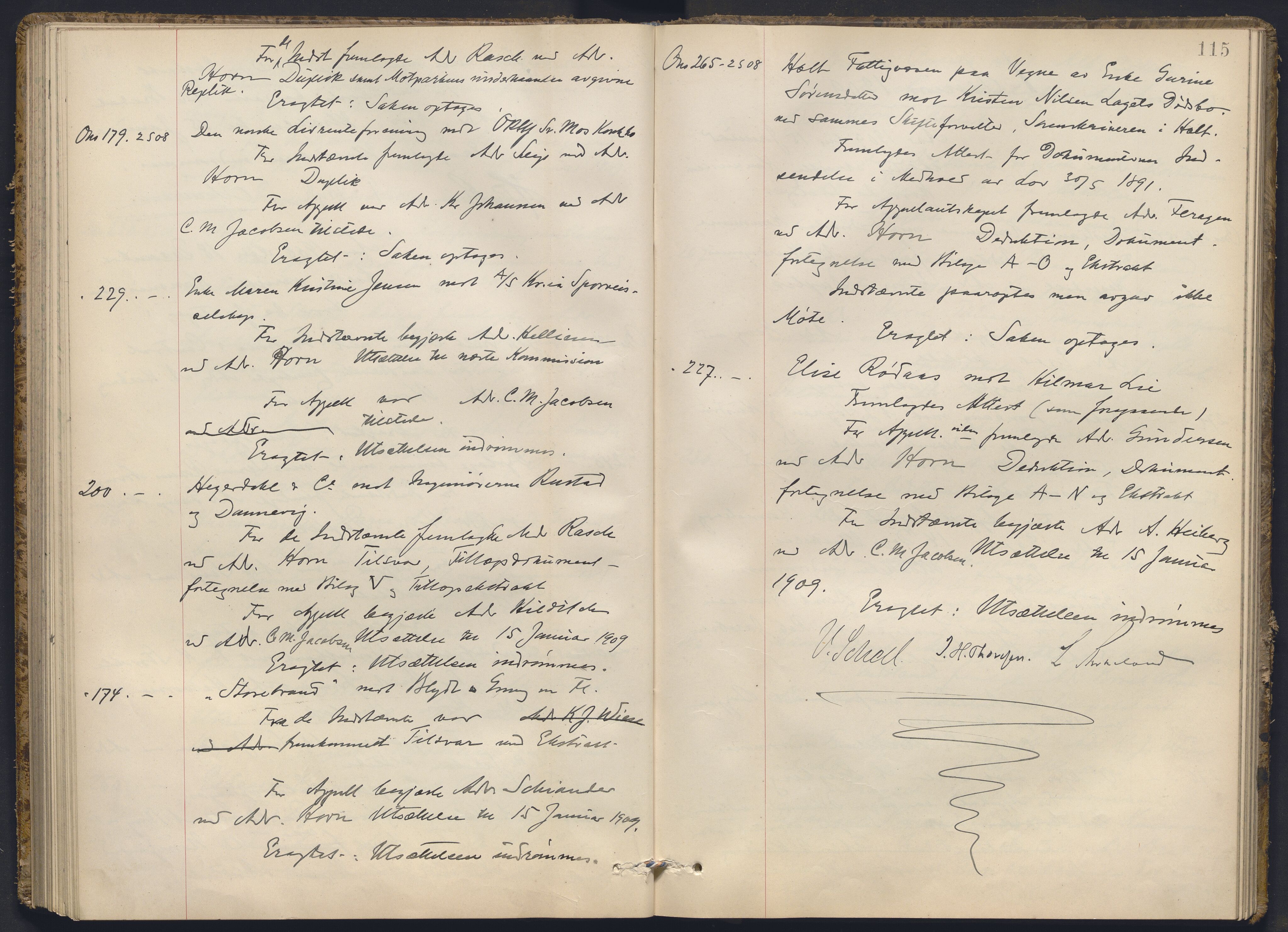 Høyesterett, AV/RA-S-1002/E/Ef/L0022: Protokoll over saker som gikk til skriftlig behandling, 1907-1910, p. 114b-115a