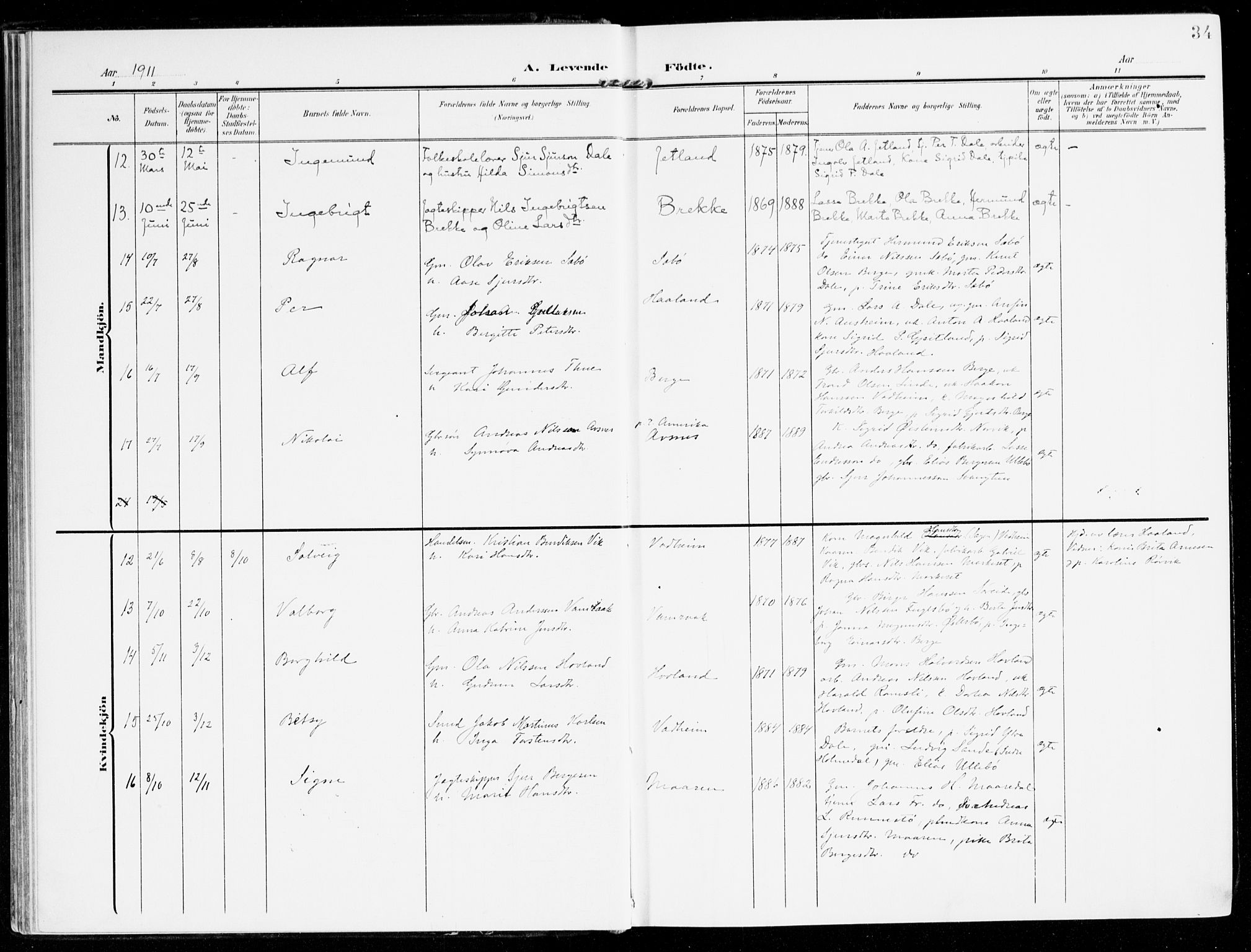 Lavik sokneprestembete, AV/SAB-A-80901: Parish register (official) no. C 2, 1904-1921, p. 34