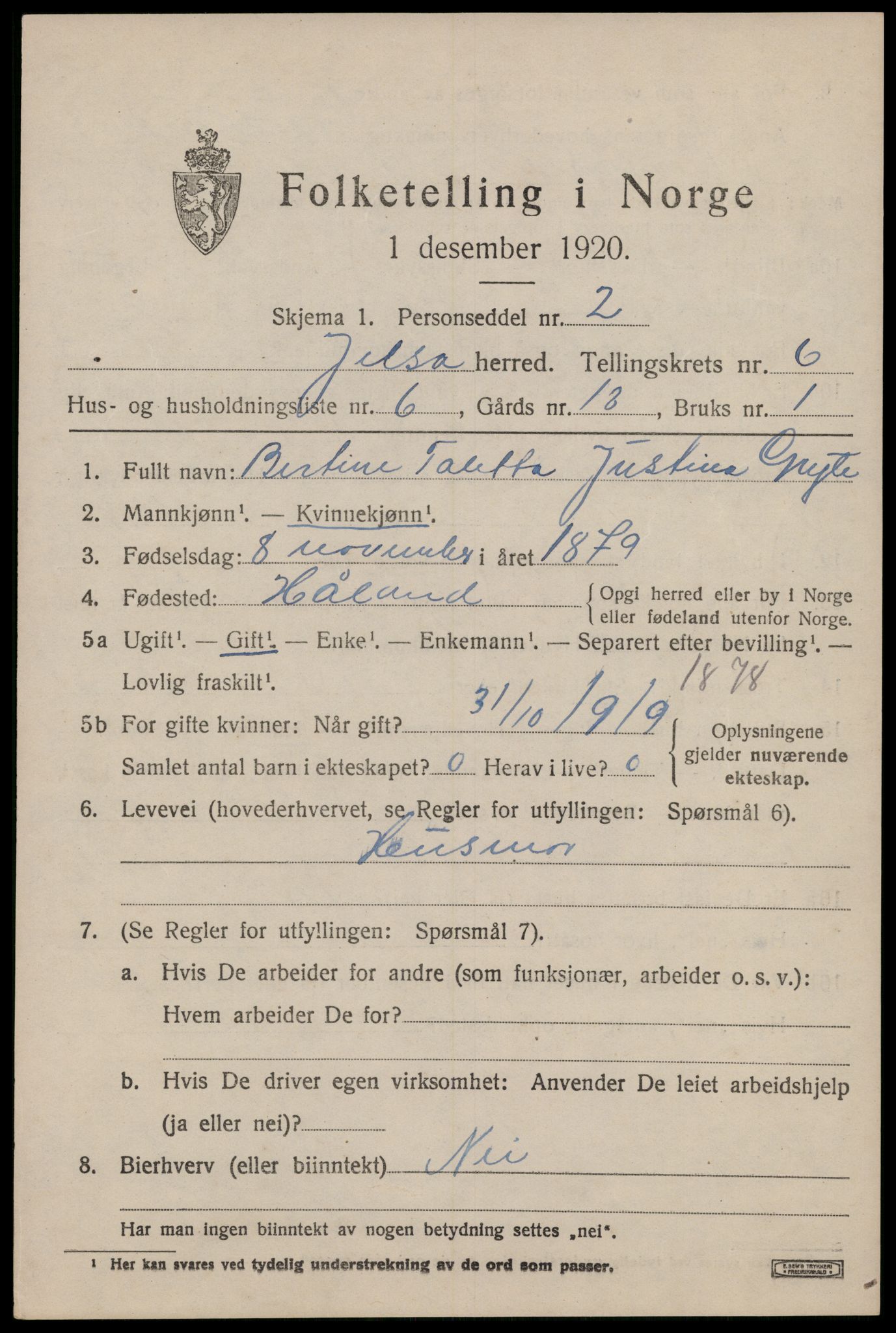 SAST, 1920 census for Jelsa, 1920, p. 1690