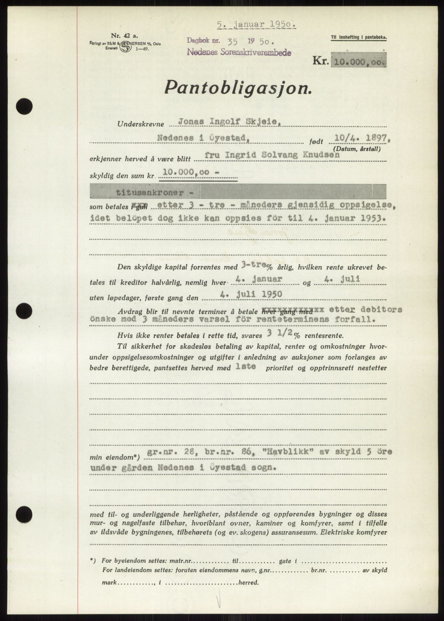 Nedenes sorenskriveri, AV/SAK-1221-0006/G/Gb/Gbb/L0007: Mortgage book no. B7, 1949-1950, Diary no: : 35/1950