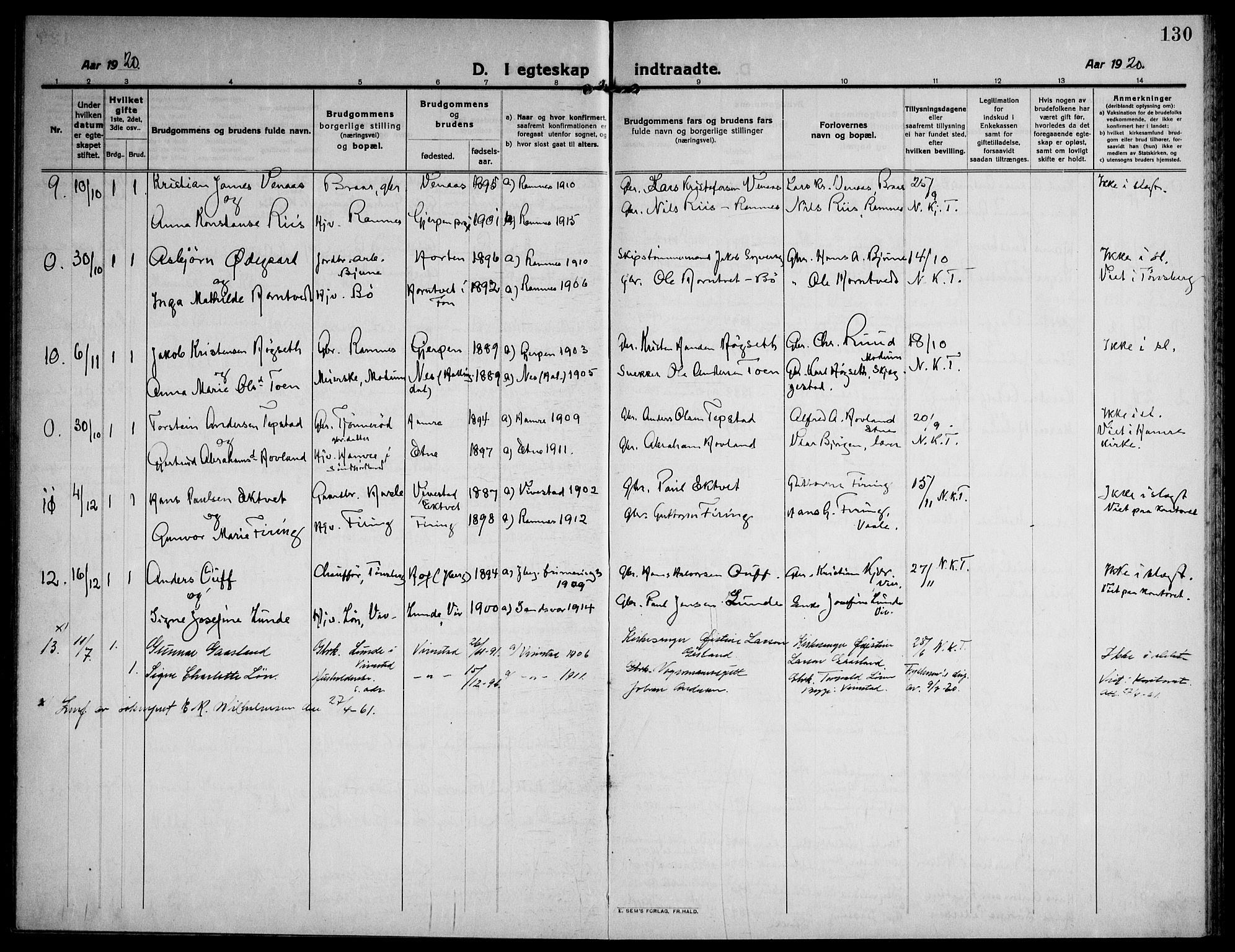 Ramnes kirkebøker, AV/SAKO-A-314/F/Fa/L0009: Parish register (official) no. I 9, 1912-1929, p. 130