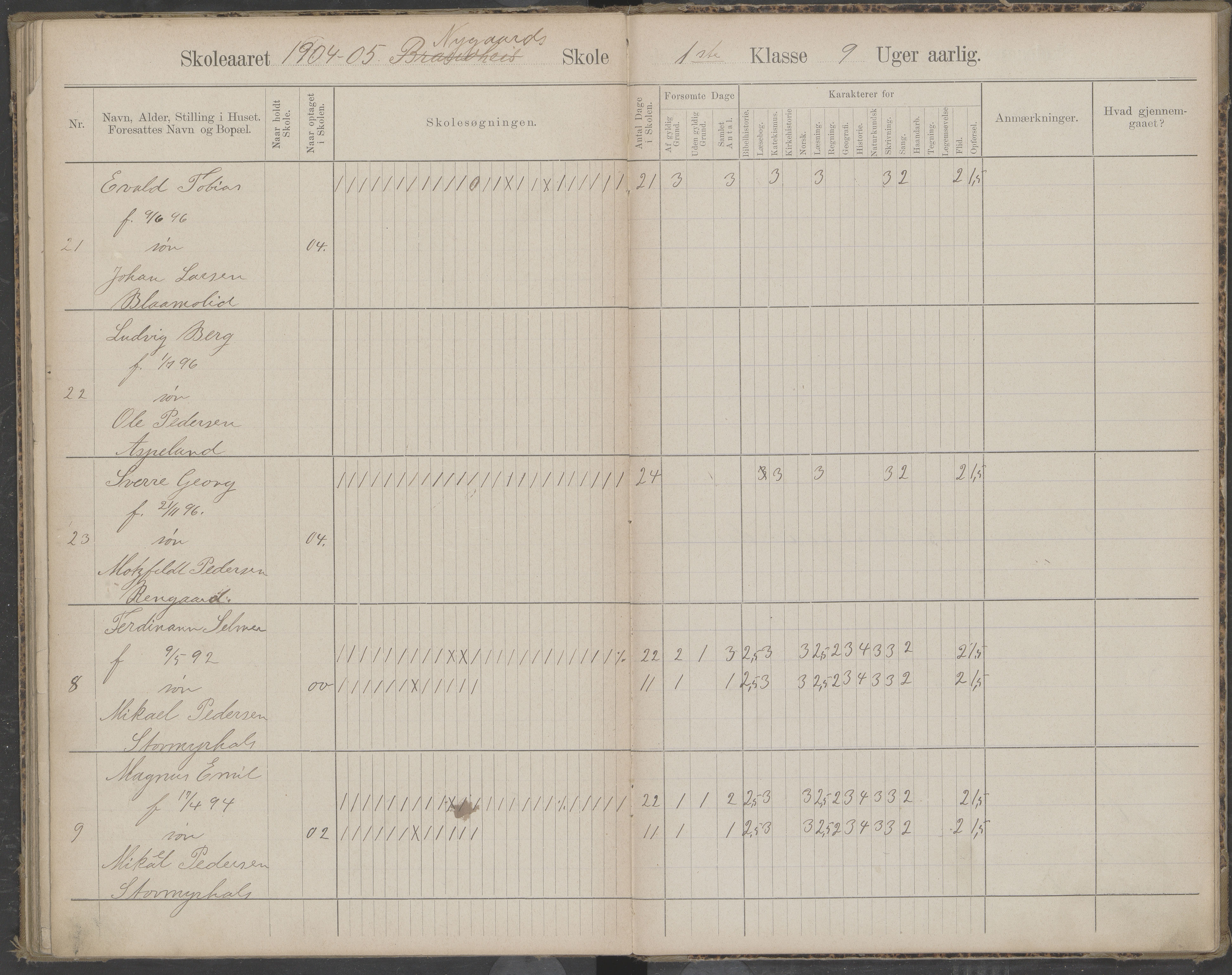 Beiarn kommune. Brandhei skolekrets, AIN/K-18390.510.03/442/L0003: Karakter/oversiktsprotokoll, 1893-1910