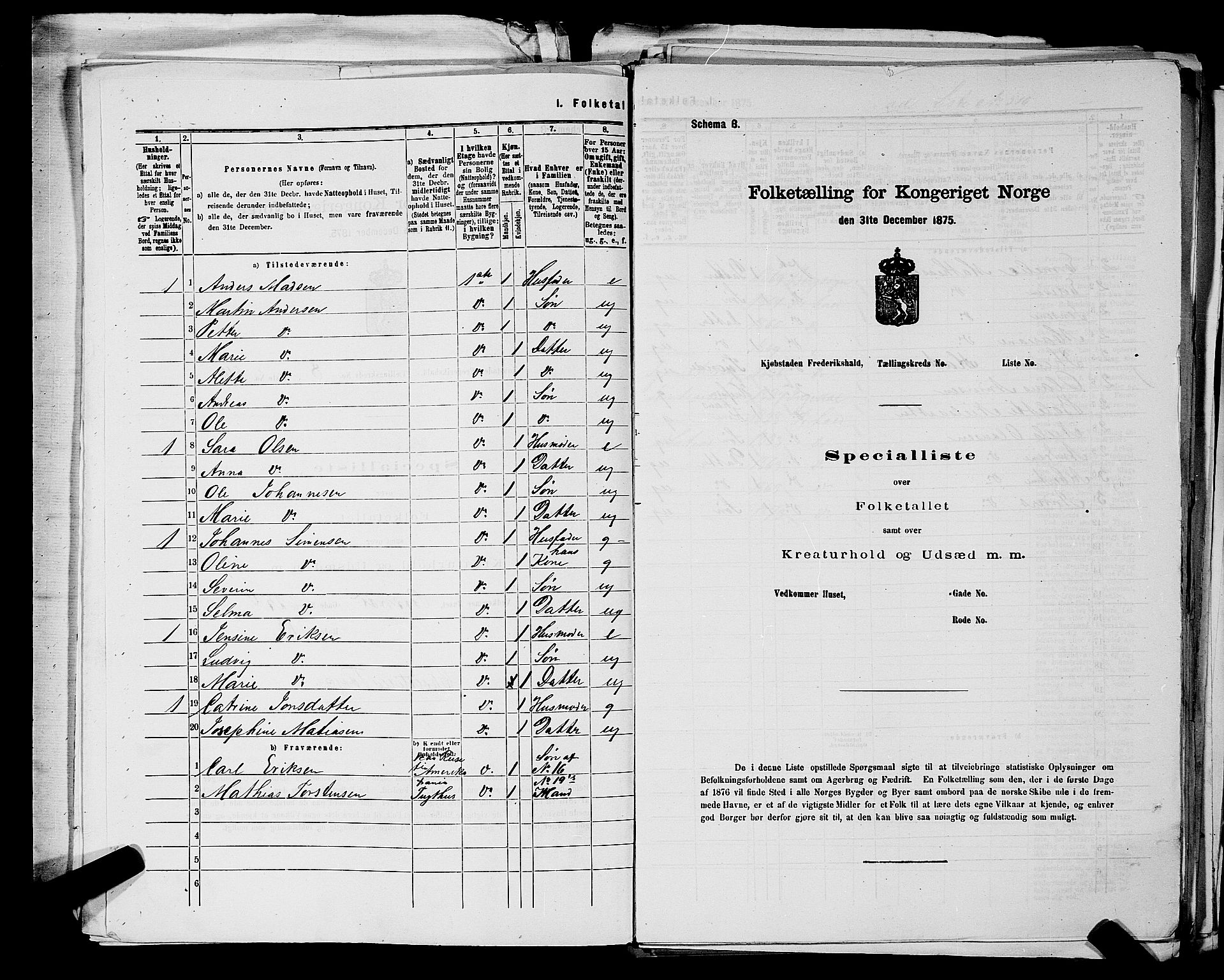 RA, 1875 census for 0101P Fredrikshald, 1875, p. 1153