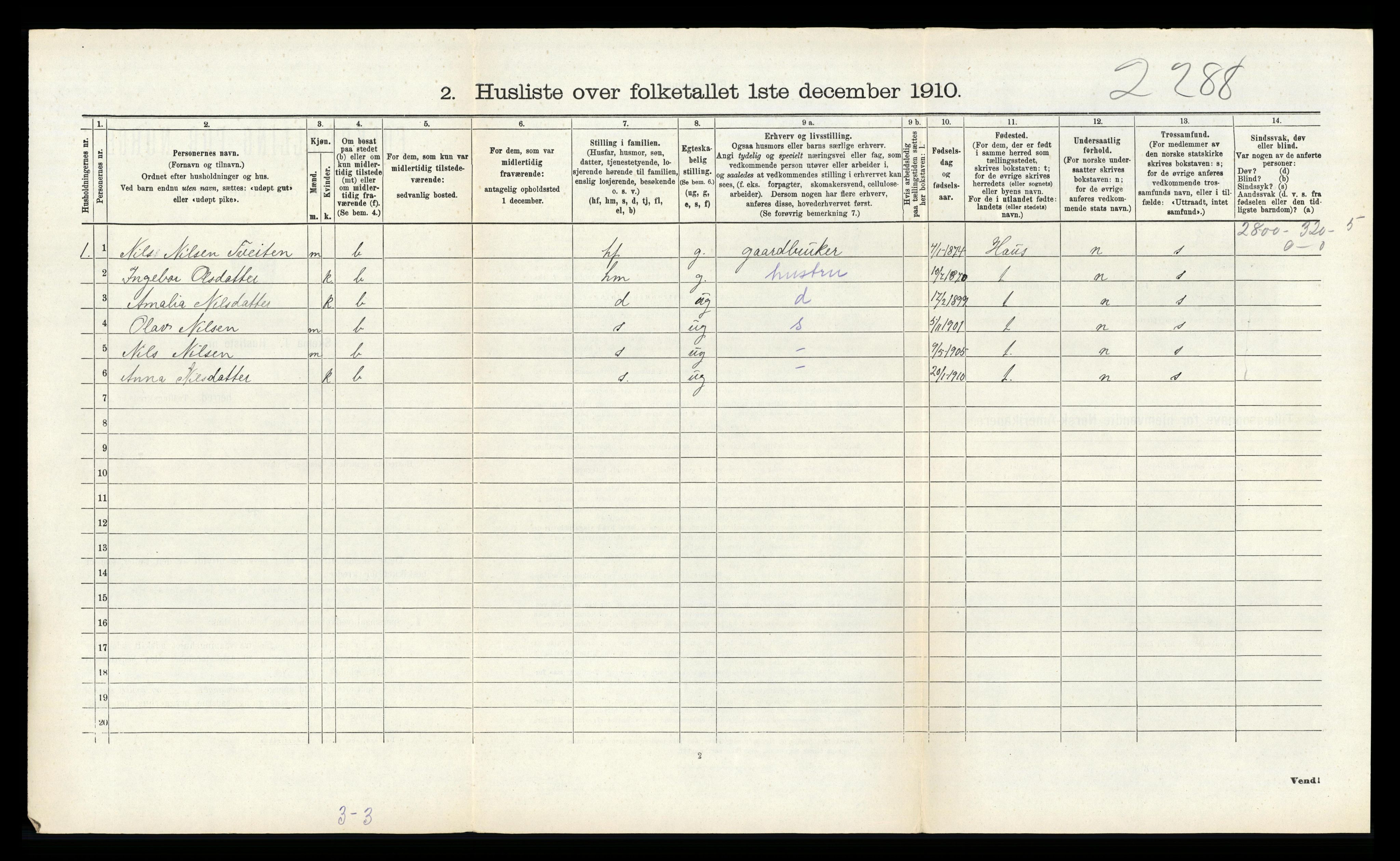 RA, 1910 census for Hosanger, 1910, p. 263