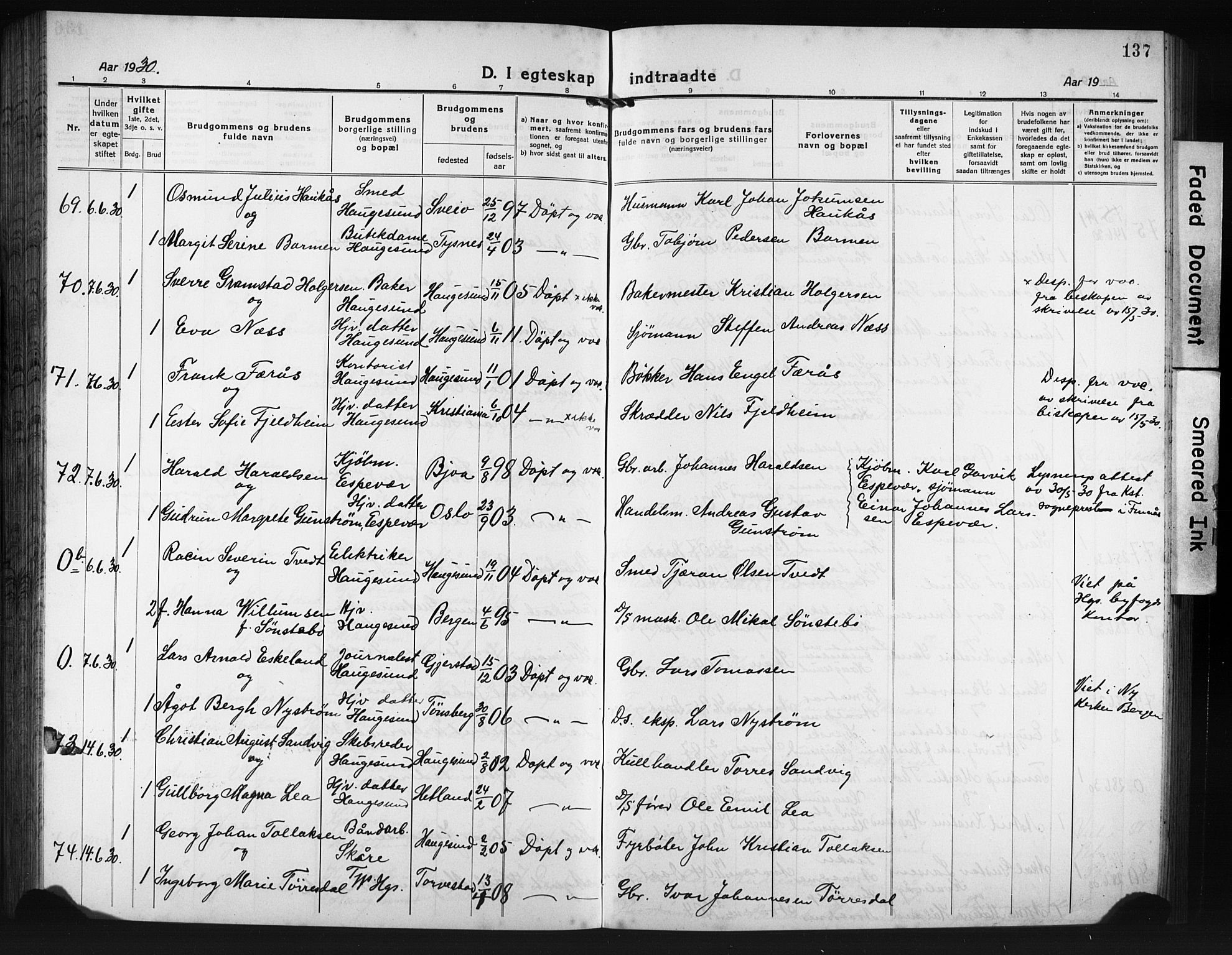 Haugesund sokneprestkontor, AV/SAST-A -101863/H/Ha/Hab/L0010: Parish register (copy) no. B 10, 1920-1931, p. 137