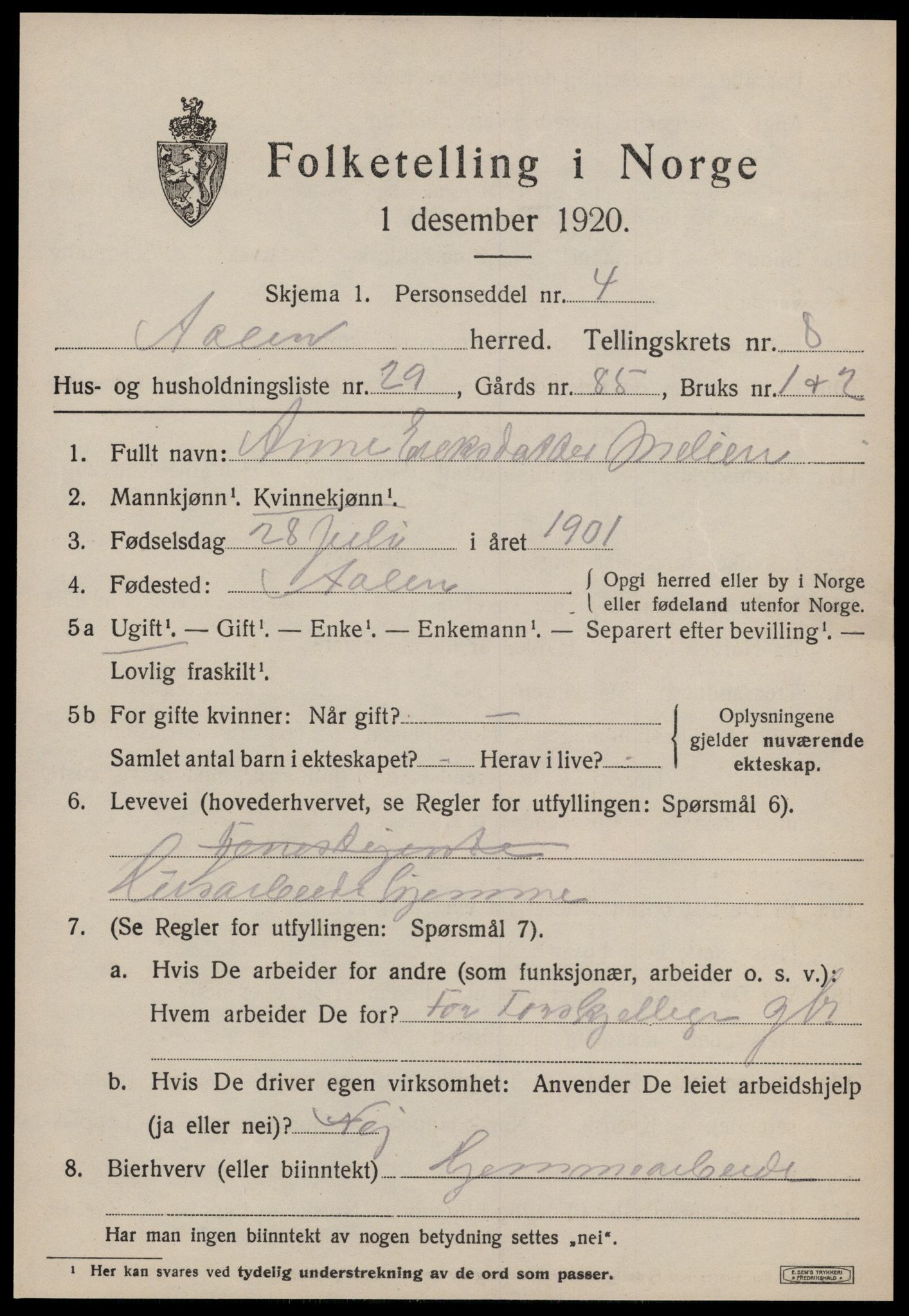 SAT, 1920 census for Ålen, 1920, p. 4060