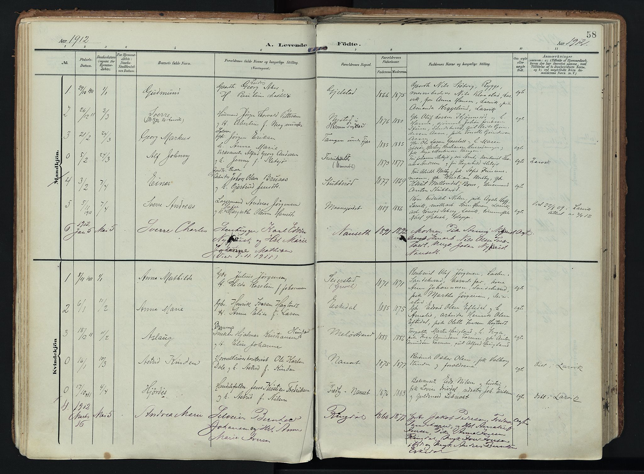 Hedrum kirkebøker, SAKO/A-344/F/Fa/L0010: Parish register (official) no. I 10, 1904-1918, p. 58