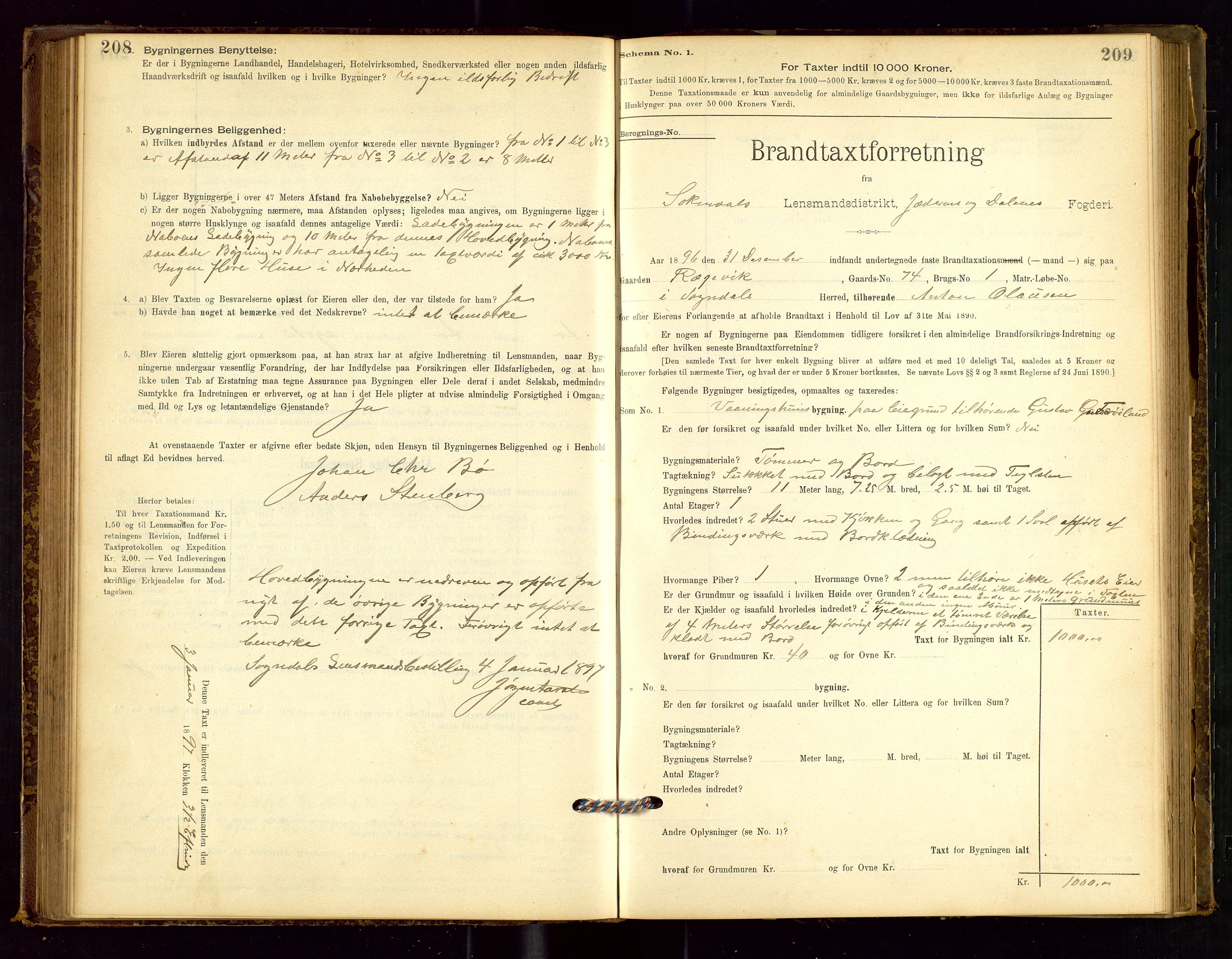 Sokndal lensmannskontor, SAST/A-100417/Gob/L0001: "Brandtaxt-Protokol", 1895-1902, p. 208-209