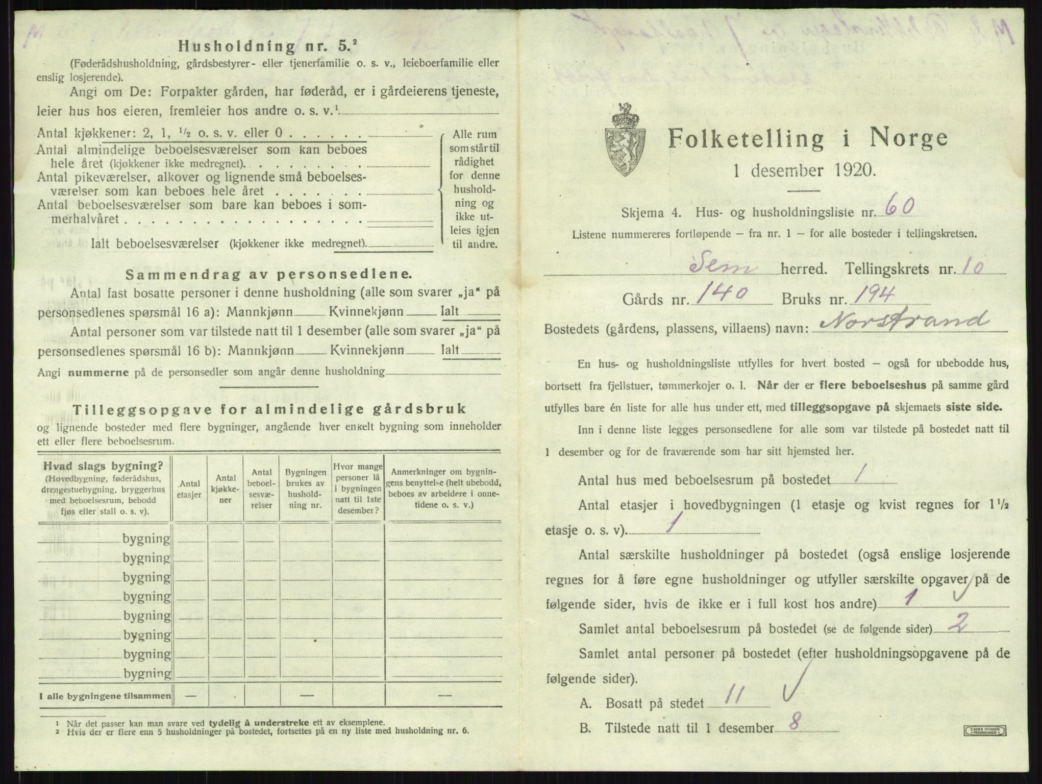 SAKO, 1920 census for Sem, 1920, p. 2227