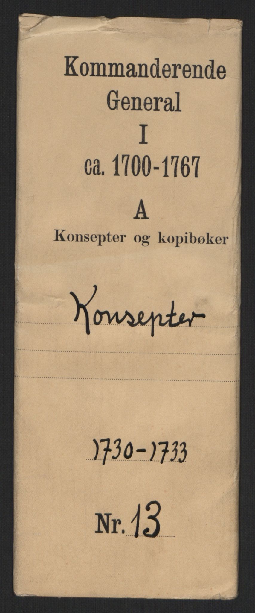 Kommanderende general (KG I) med Det norske krigsdirektorium, AV/RA-EA-5419/B/L0013: Kommanderende generals konsepter, 1730-1733, p. 1