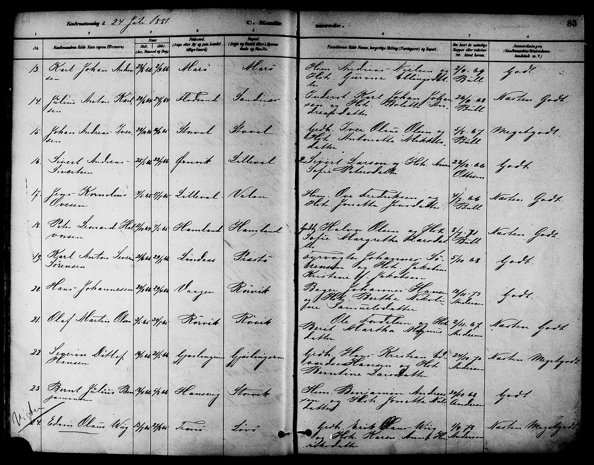 Ministerialprotokoller, klokkerbøker og fødselsregistre - Nord-Trøndelag, AV/SAT-A-1458/784/L0672: Parish register (official) no. 784A07, 1880-1887, p. 85