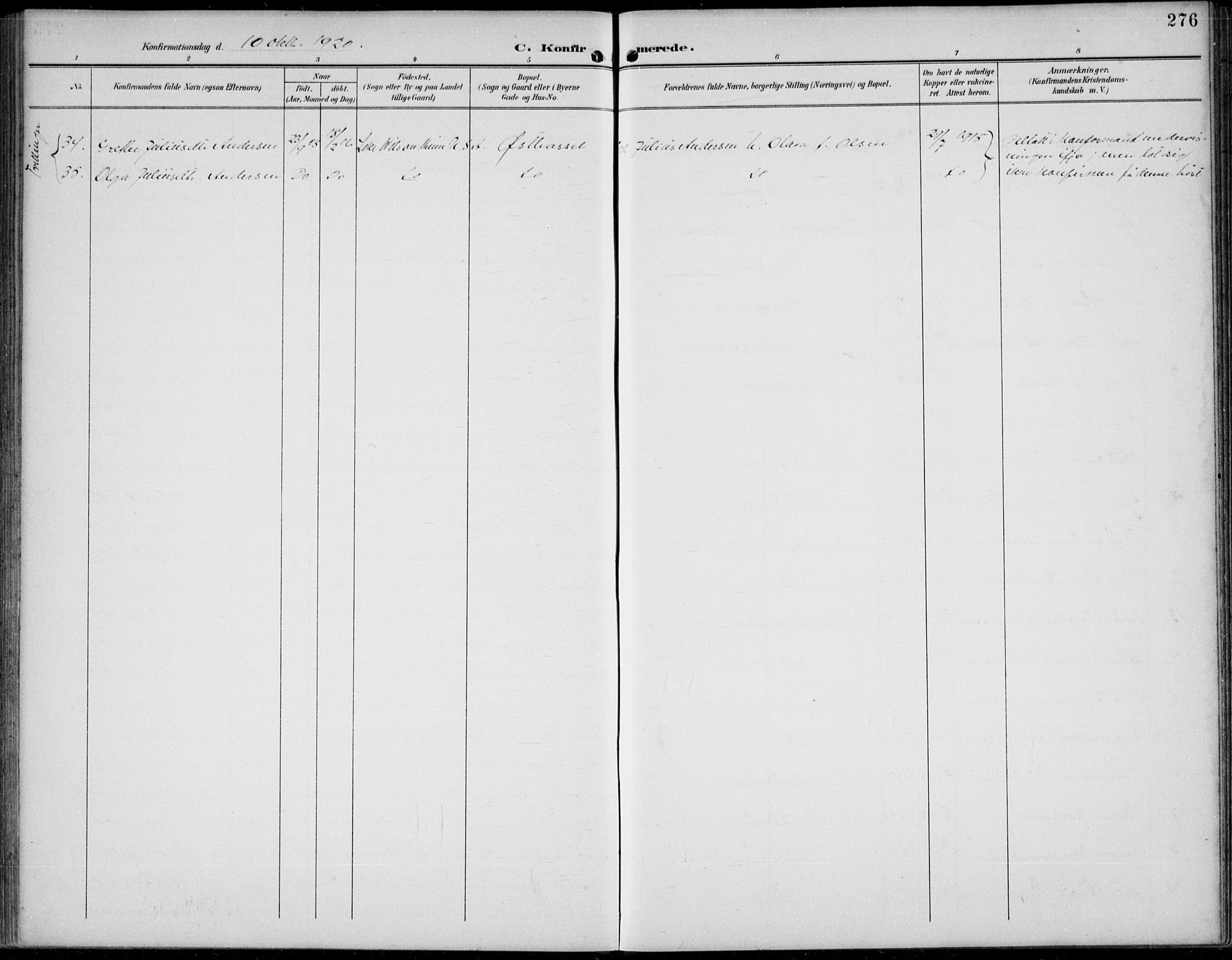 Lista sokneprestkontor, AV/SAK-1111-0027/F/Fb/L0005: Parish register (copy) no. B 5, 1892-1923, p. 276