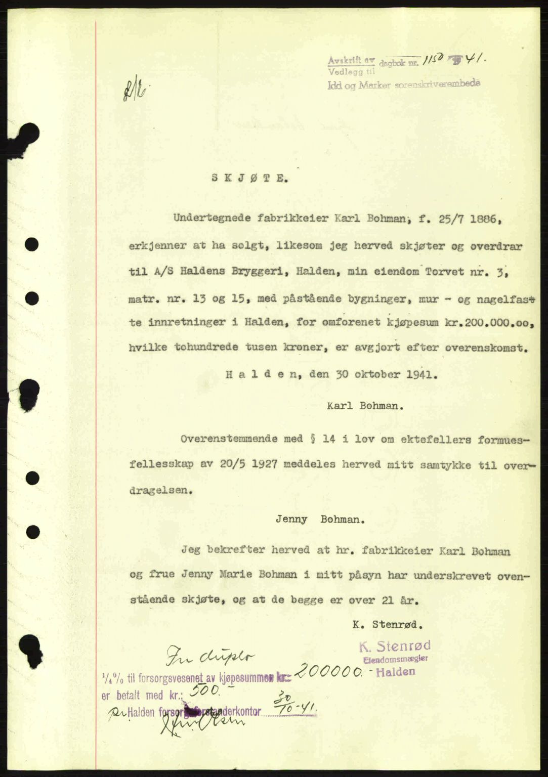 Idd og Marker sorenskriveri, AV/SAO-A-10283/G/Gb/Gbb/L0004: Mortgage book no. A4, 1940-1941, Diary no: : 1150/1941