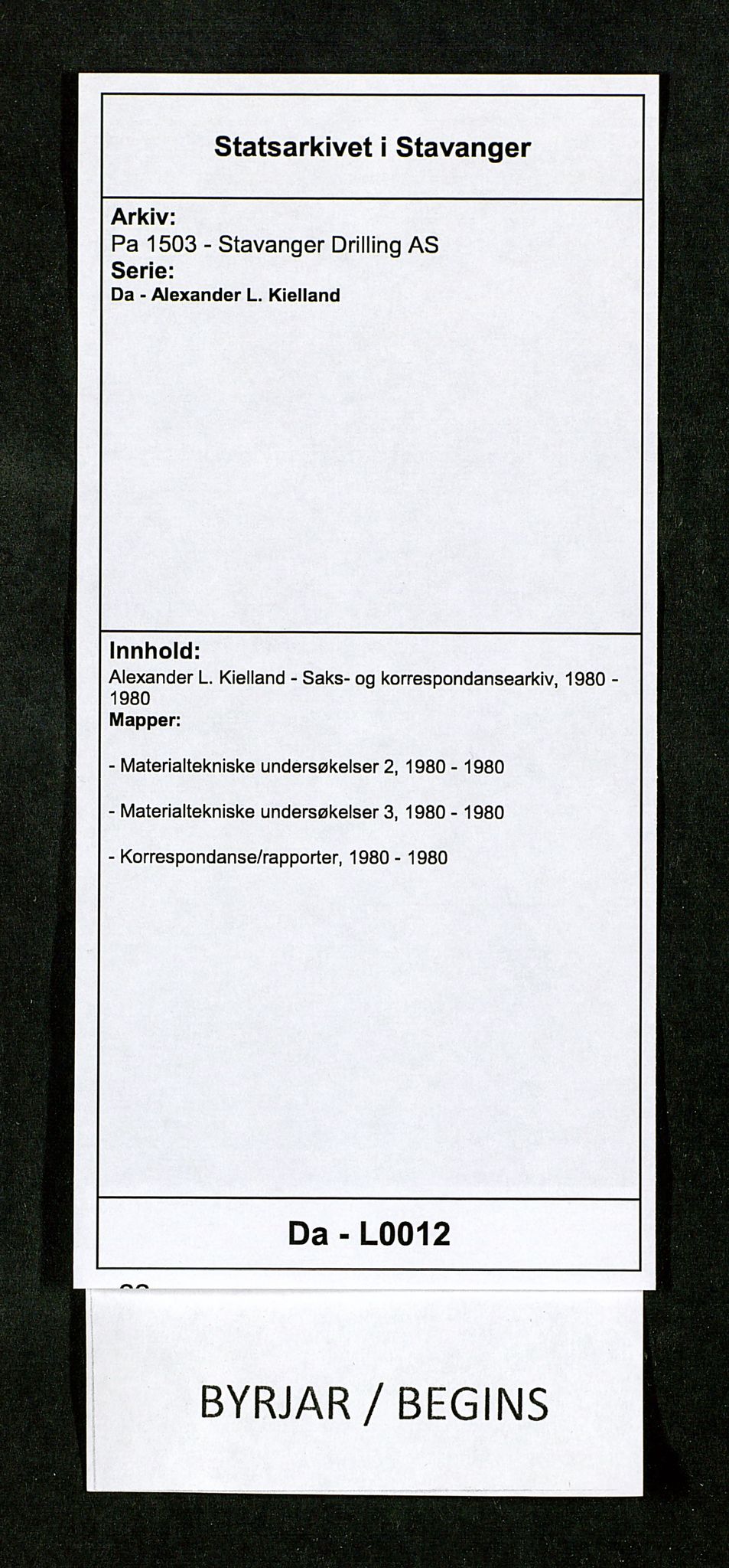 Pa 1503 - Stavanger Drilling AS, SAST/A-101906/Da/L0012: Alexander L. Kielland - Saks- og korrespondansearkiv, 1980, p. 1