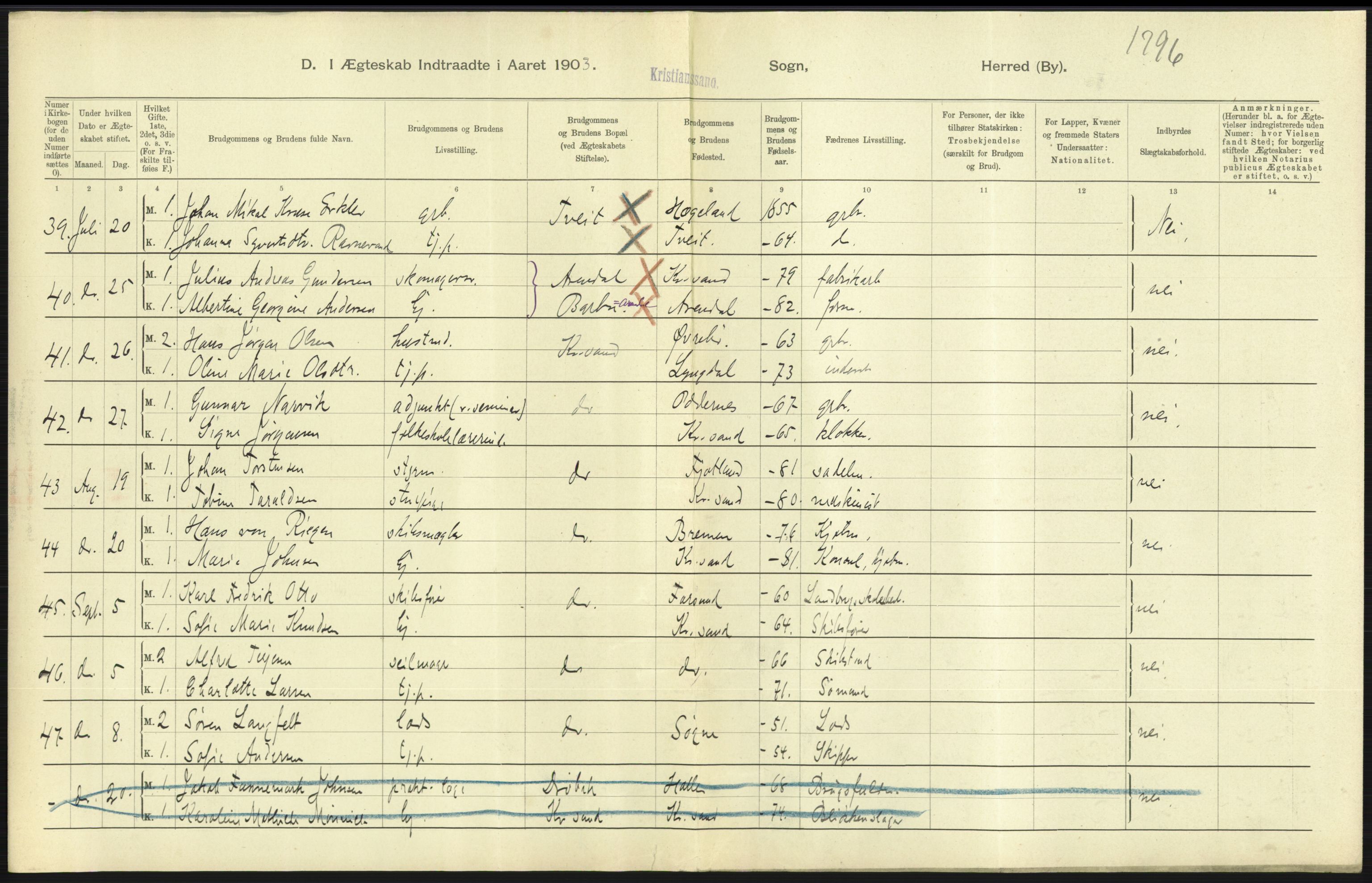 Statistisk sentralbyrå, Sosiodemografiske emner, Befolkning, AV/RA-S-2228/D/Df/Dfa/Dfaa/L0011: Lister og Mandal amt: Fødte, gifte, døde, 1903, p. 353