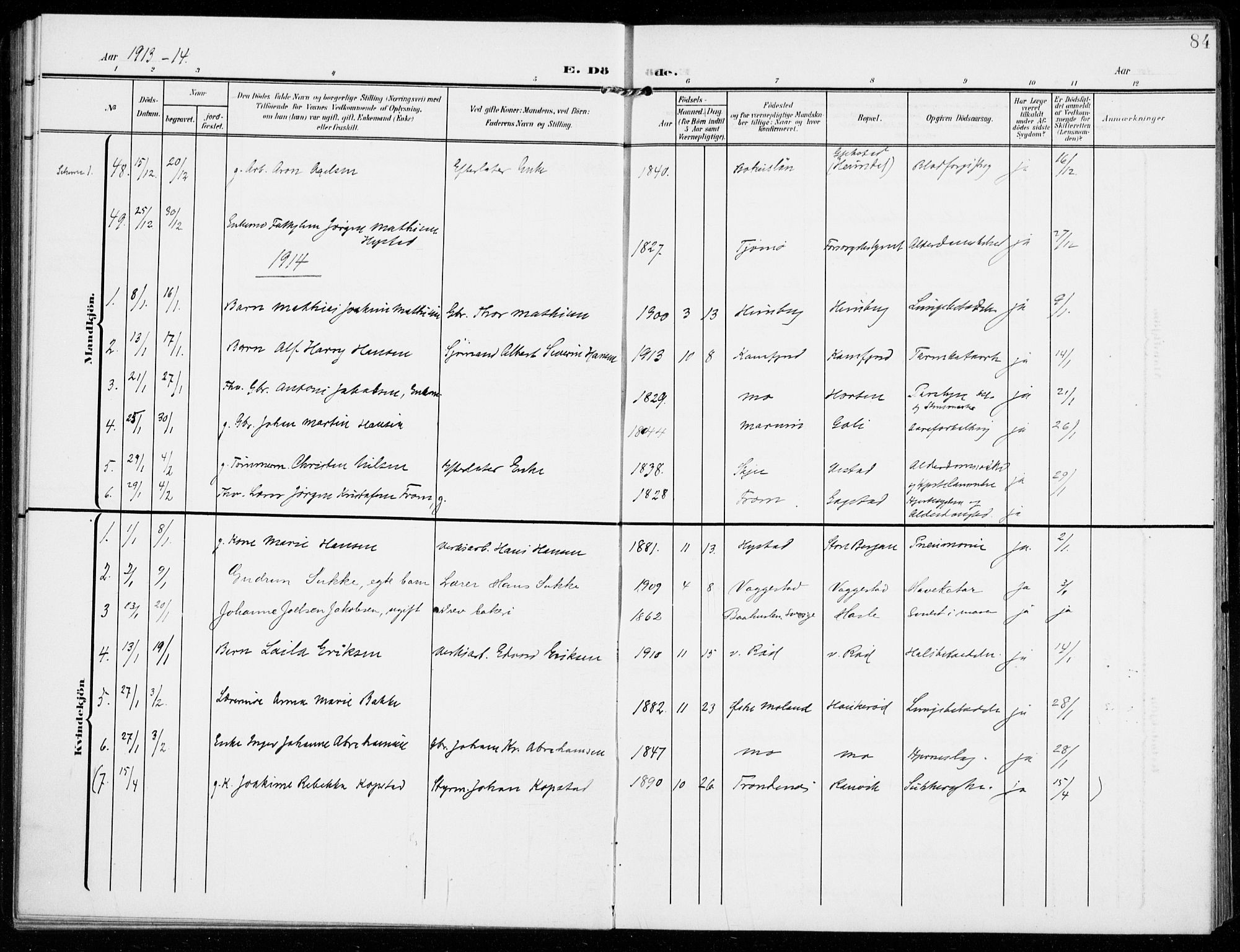 Sandar kirkebøker, SAKO/A-243/F/Fa/L0019: Parish register (official) no. 19, 1908-1914, p. 84