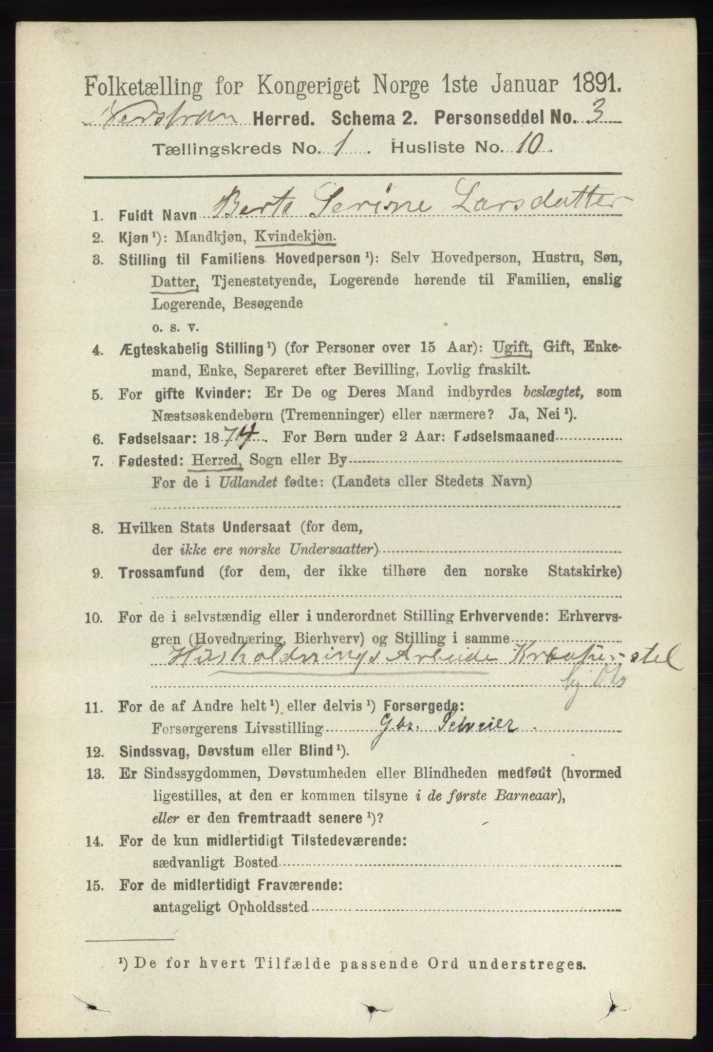 RA, 1891 census for 1139 Nedstrand, 1891, p. 135