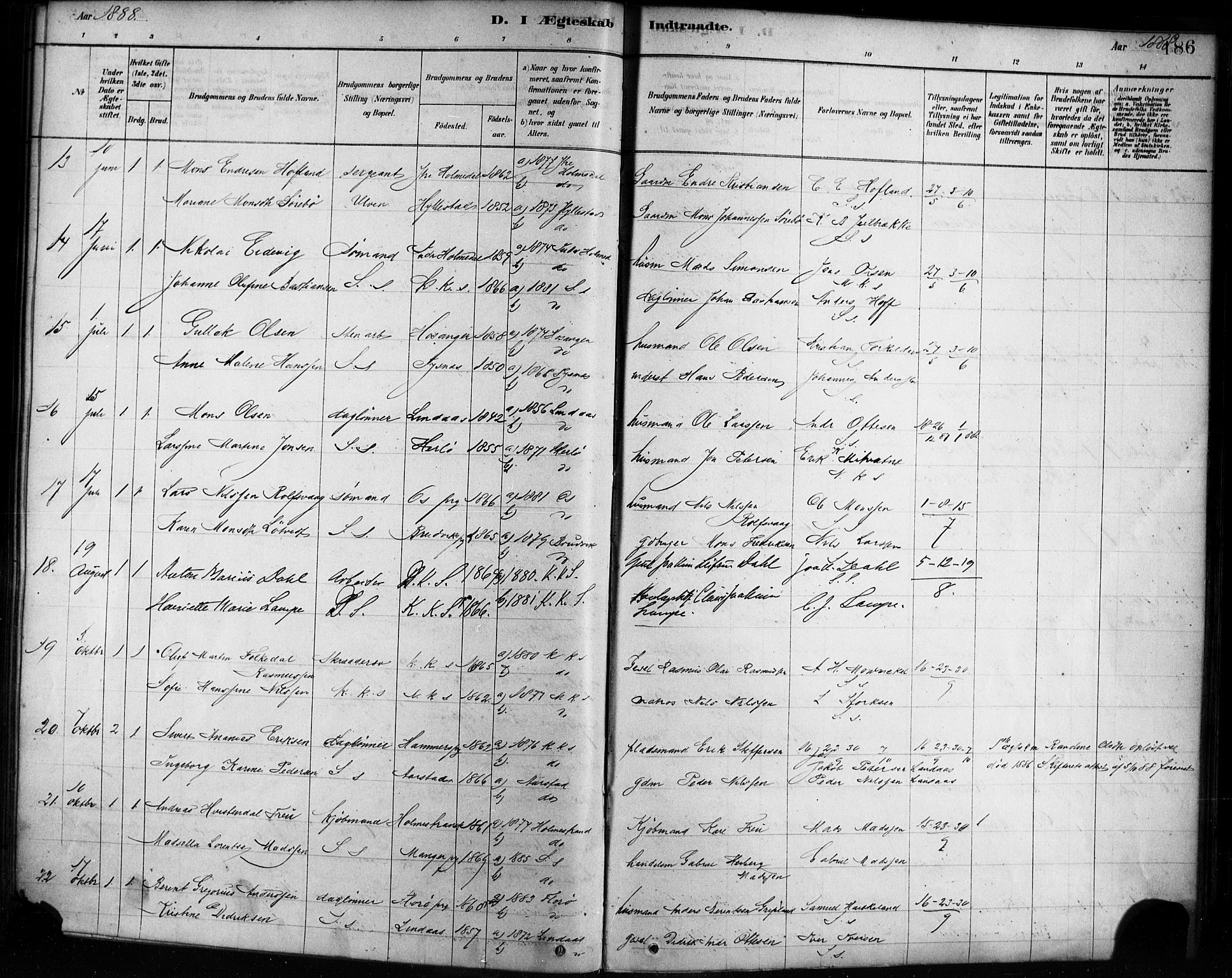 Sandviken Sokneprestembete, AV/SAB-A-77601/H/Ha/L0002: Parish register (official) no. A 2, 1878-1896, p. 186