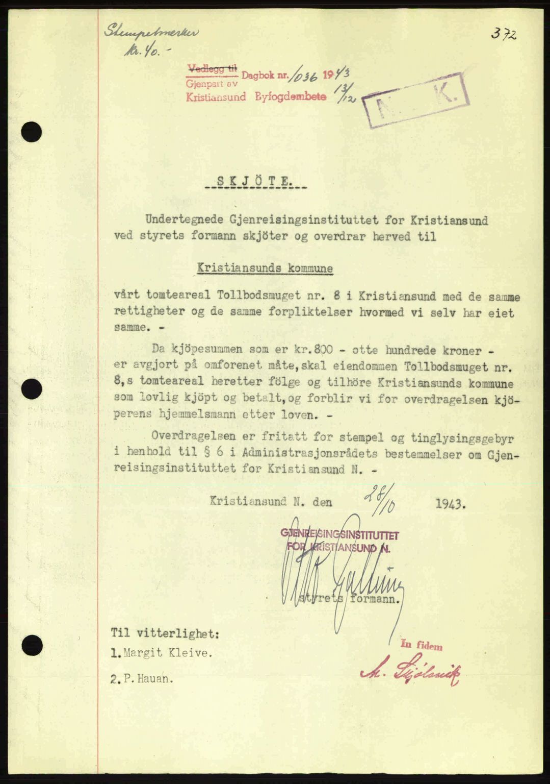 Kristiansund byfogd, AV/SAT-A-4587/A/27: Mortgage book no. 34, 1941-1945, Diary no: : 1036/1943