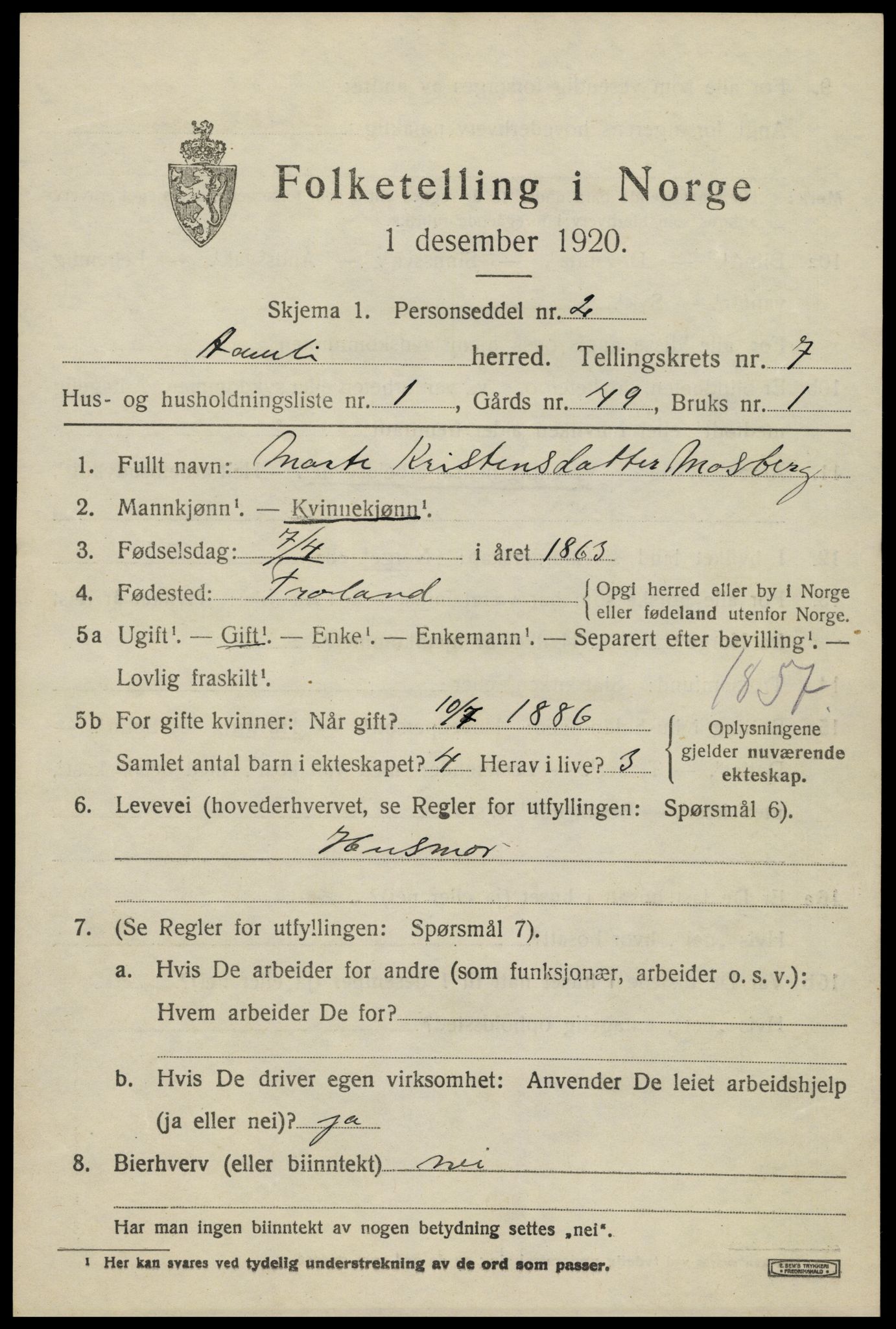 SAK, 1920 census for Åmli, 1920, p. 2911