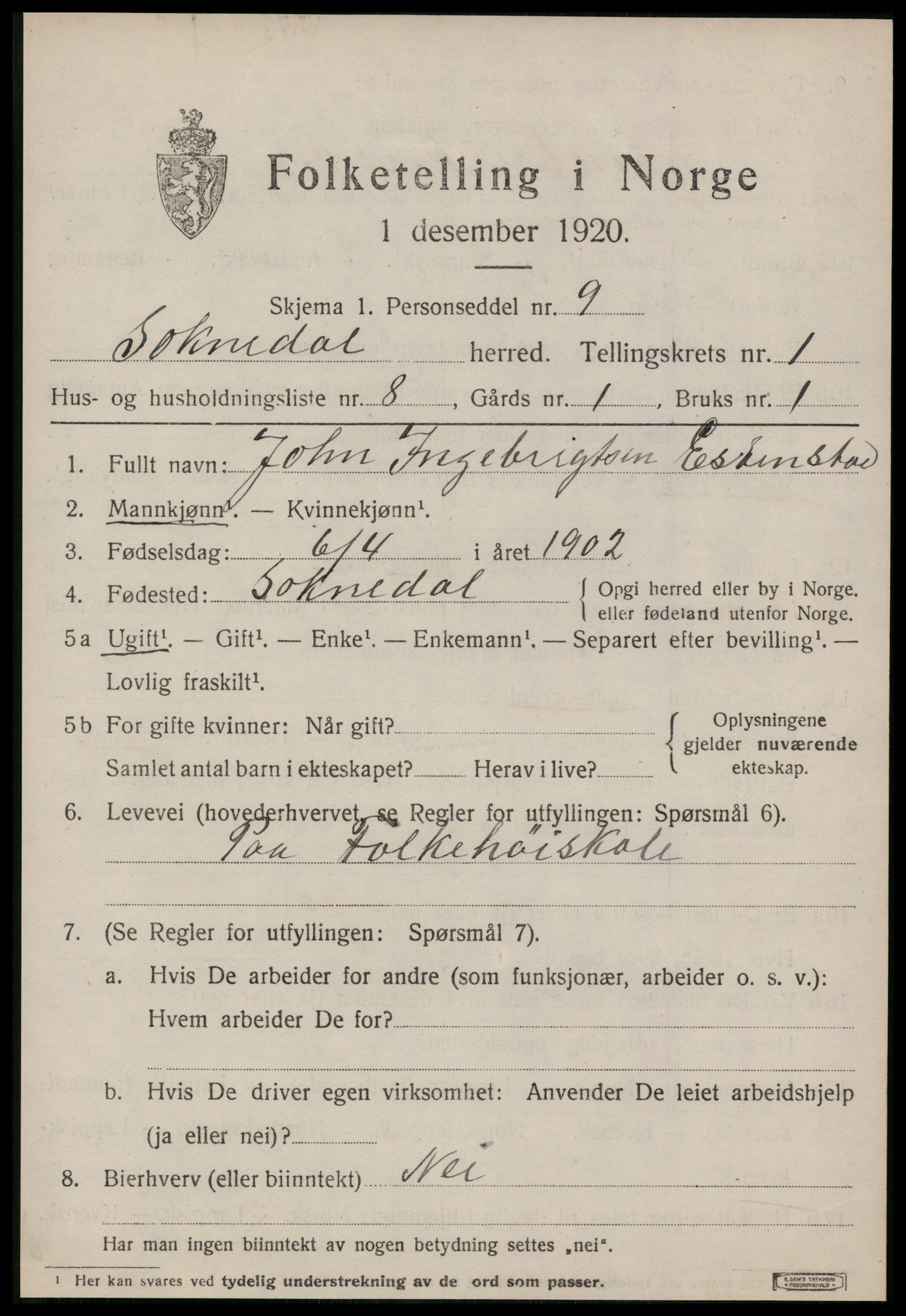 SAT, 1920 census for Soknedal, 1920, p. 854