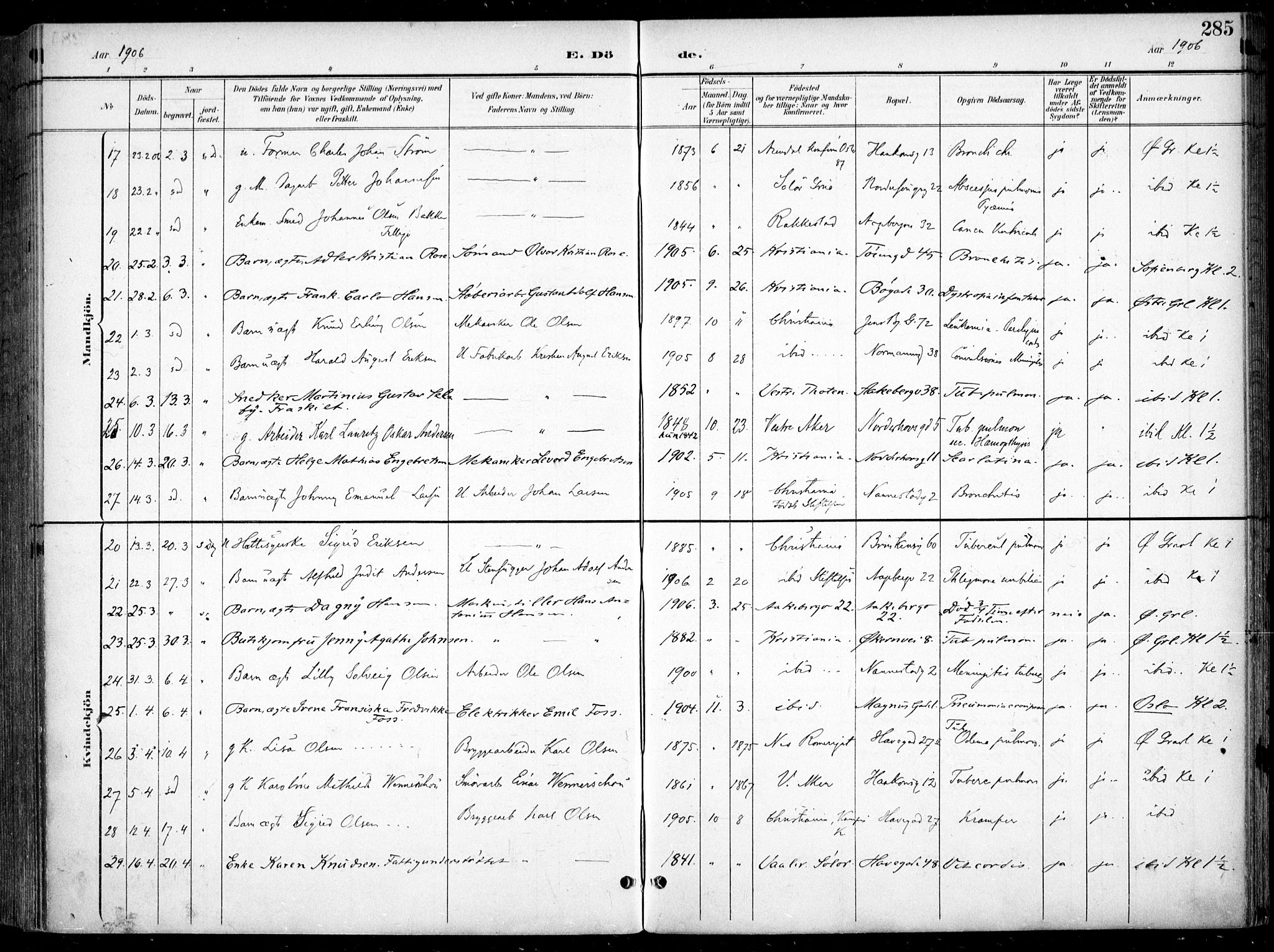 Kampen prestekontor Kirkebøker, AV/SAO-A-10853/F/Fa/L0009: Parish register (official) no. I 9, 1899-1911, p. 285